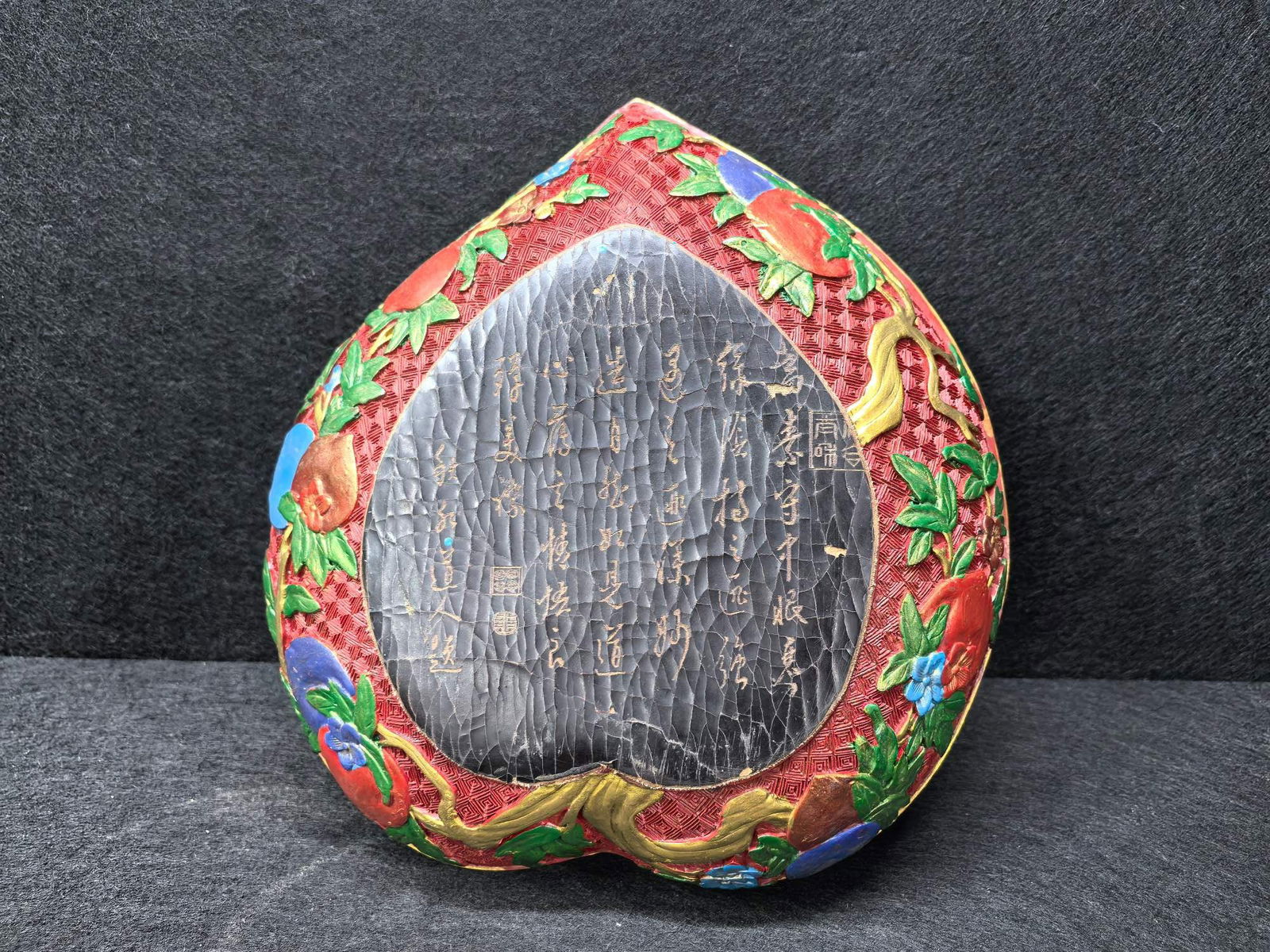 Lacquerware Red Carved Peach Pattern Lid Box - 7