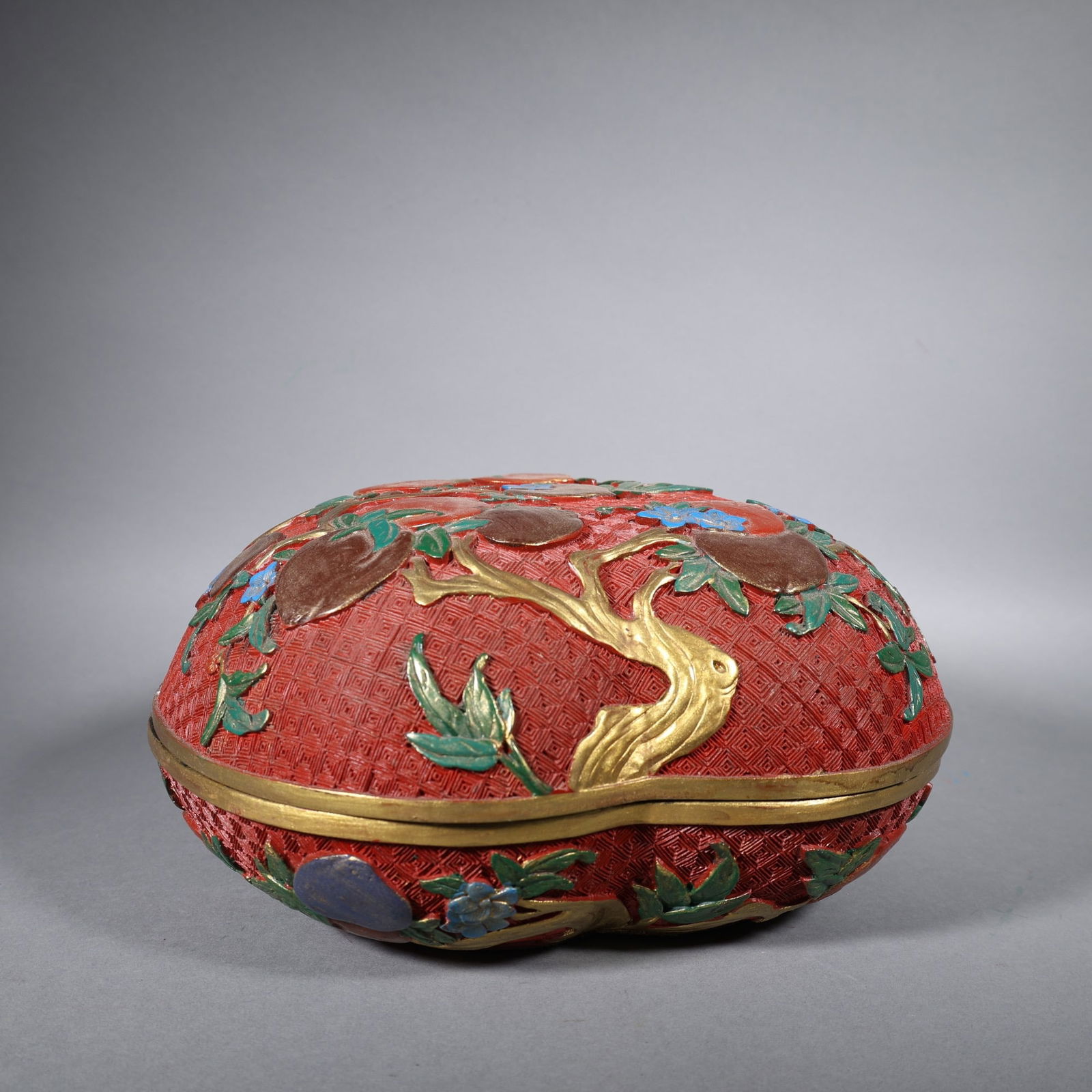 Lacquerware Red Carved Peach Pattern Lid Box - 9