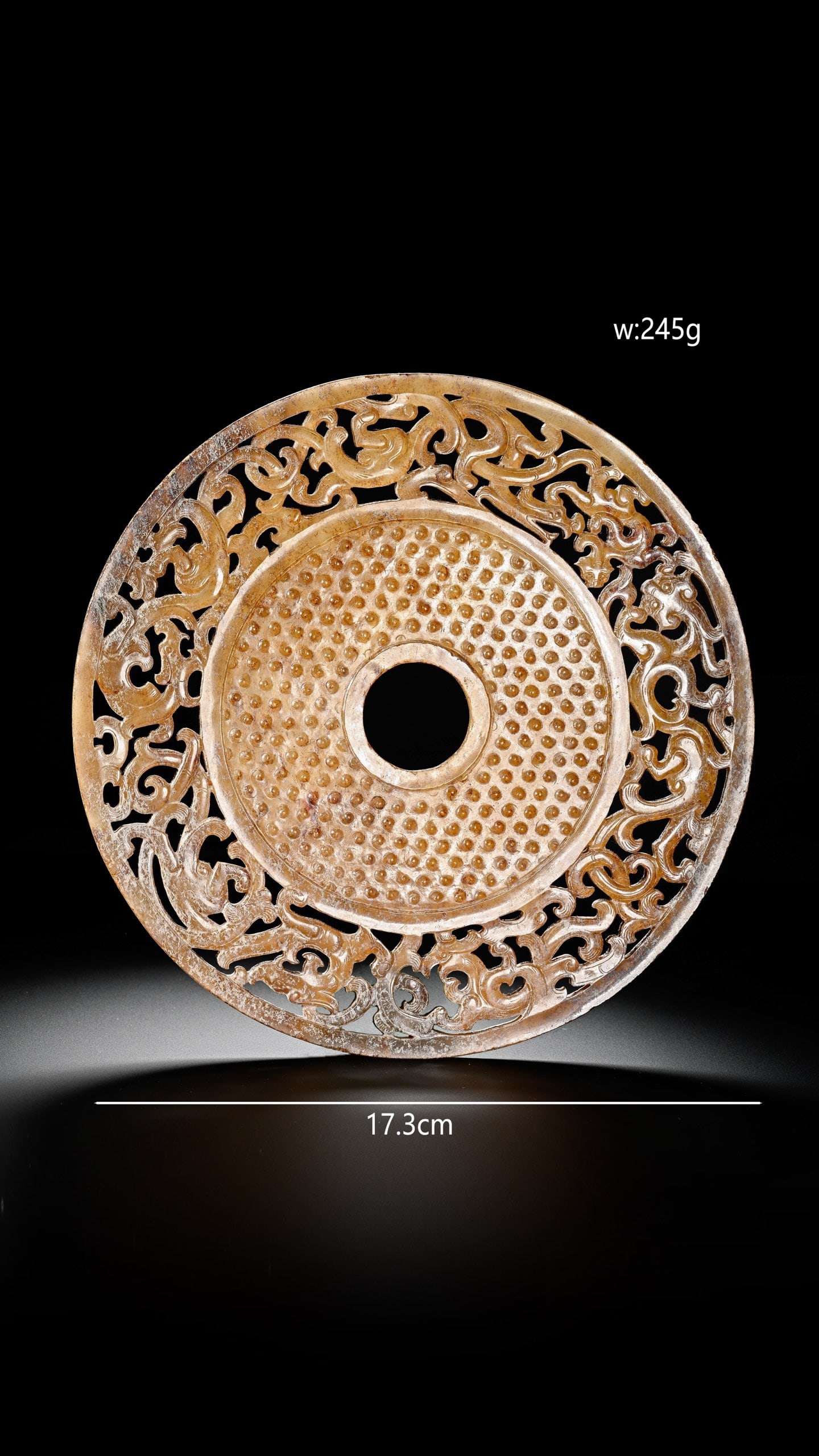 Jade Carved Nail Dot and Chi Dragon Pattern Bi: Jade Carved Nail Dot and Chi Dragon Pattern Bi (17.3cm)