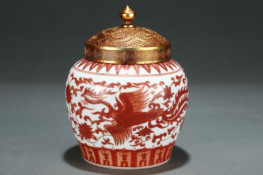 Orange Draw Flower and Phoenix Pattern Porcelain Pot - 3