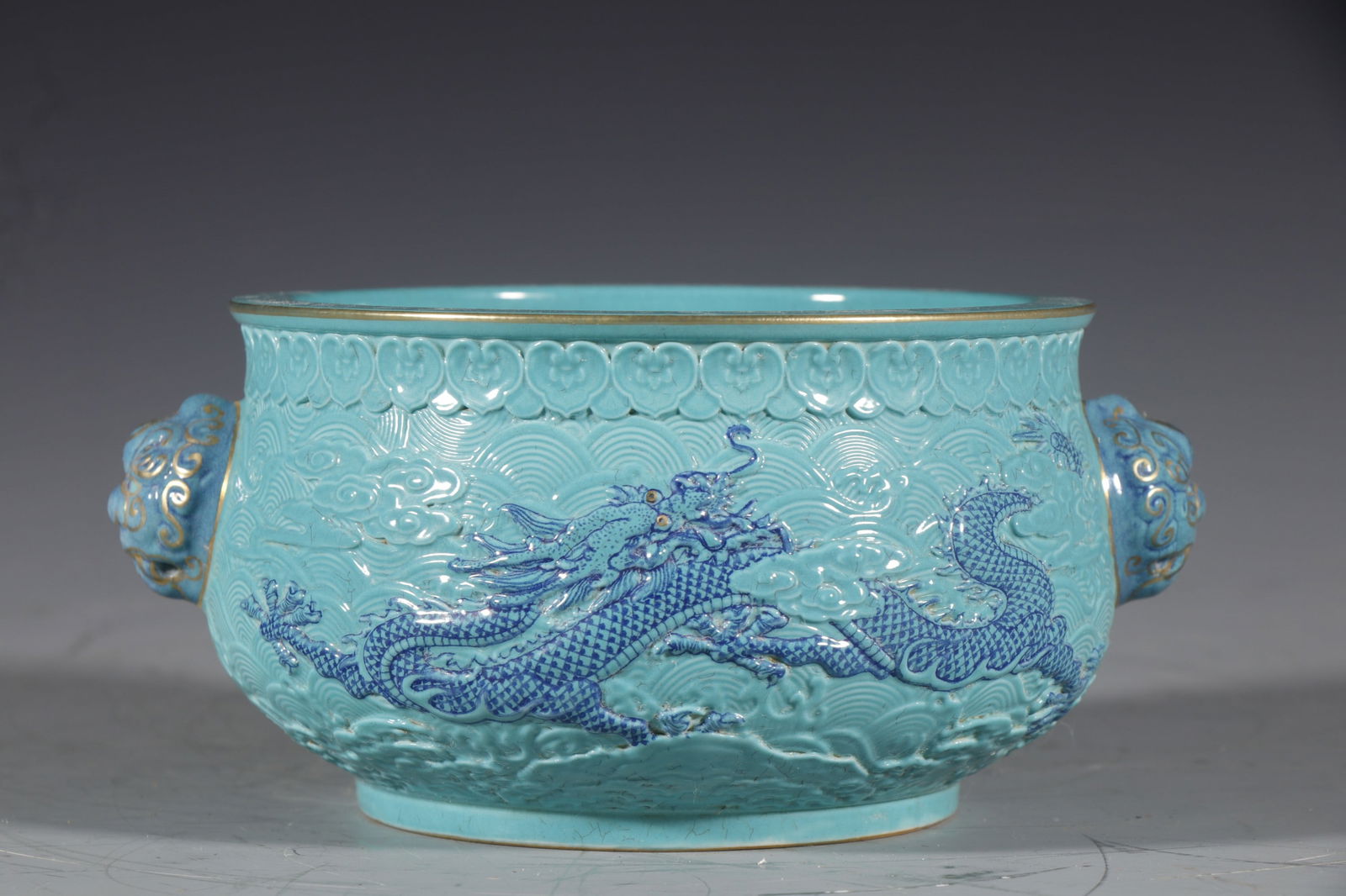 Turquoise Green Glazed Carved Dragon and Sea Wave Pattern Porcelain Double Lion Ears Washer: Turquoise Green Glazed Carved Dragon and Sea Wave Pattern Porcelain Double Lion Ears Washer (8.5 x 14cm)