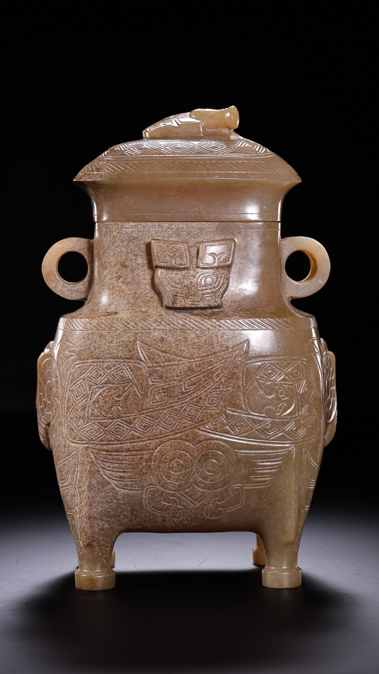 Jade Carved Beast Face Pattern Lid Pot - 11