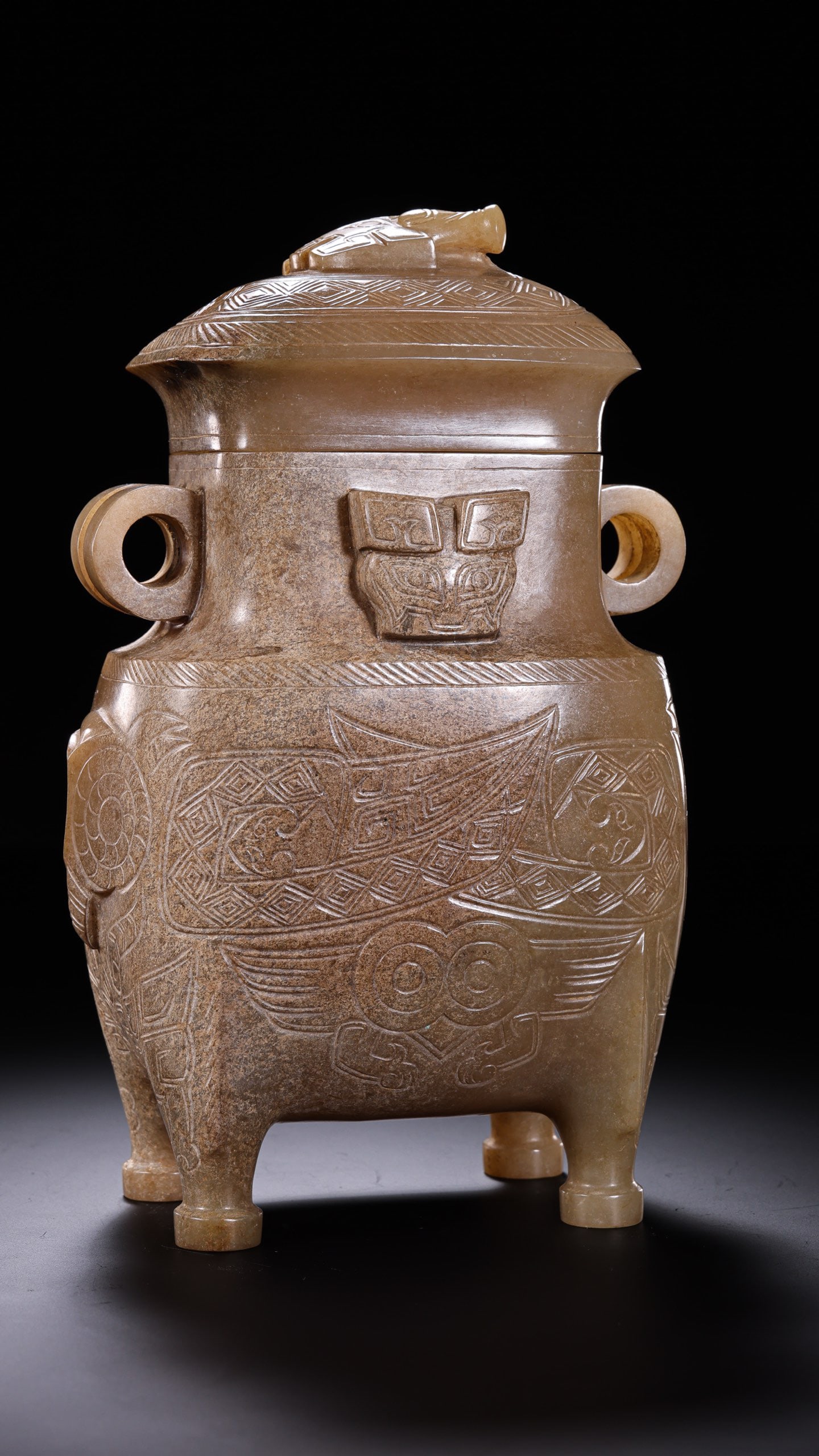 Jade Carved Beast Face Pattern Lid Pot - 13