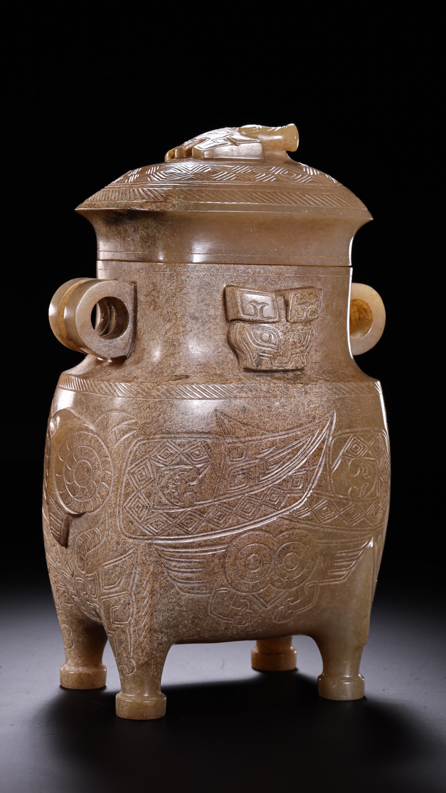 Jade Carved Beast Face Pattern Lid Pot - 7