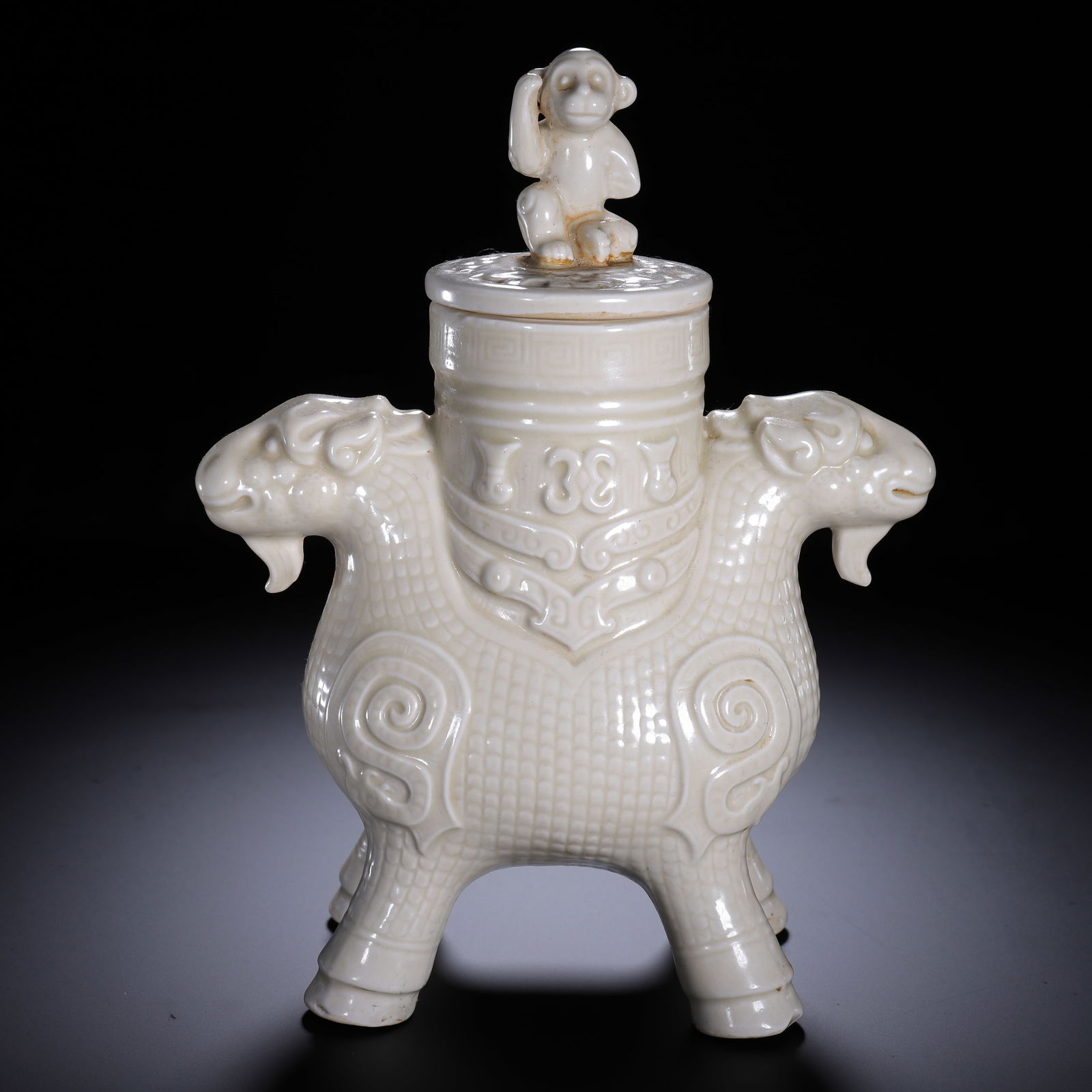 Ding Ware Carved Ram Shape Porcelain Zun: Ding Ware Carved Ram Shape Porcelain Zun (19 x 8 x 24cm,Weight 620g)