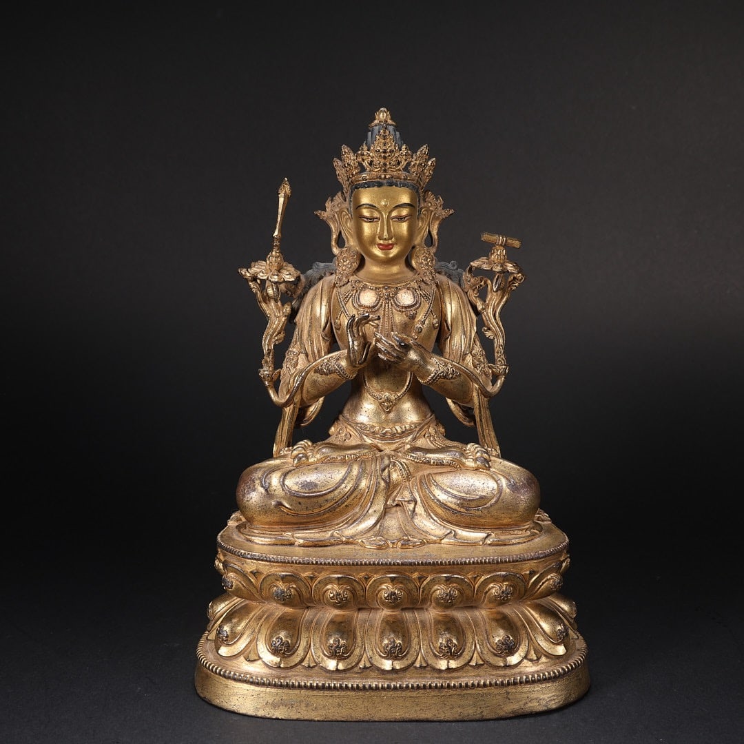 Gilt Bronze Manjushri Figure: Gilt Bronze Manjushri Figure (13 x 9.8 x 18.6cm)