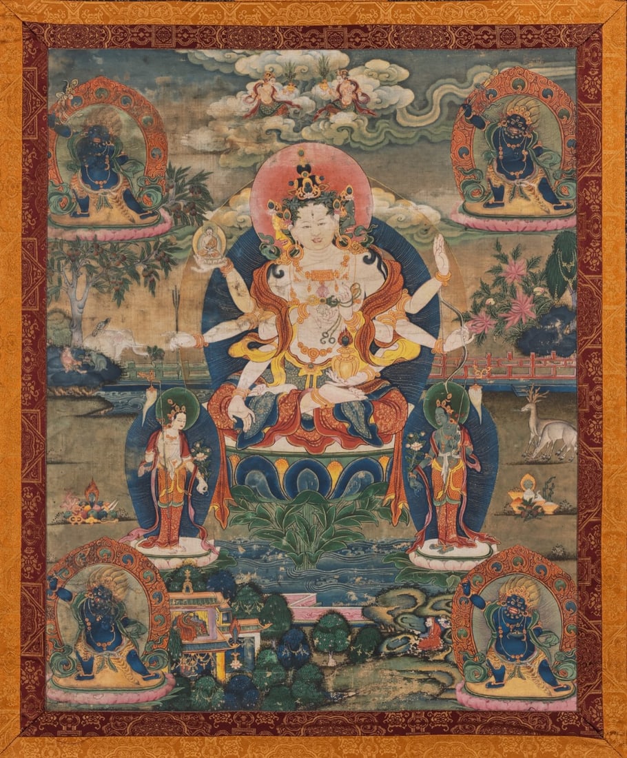 Colour Painted GuanYin Pattern Tangka: Colour Painted GuanYin Pattern Tangka (79 x 63cm)