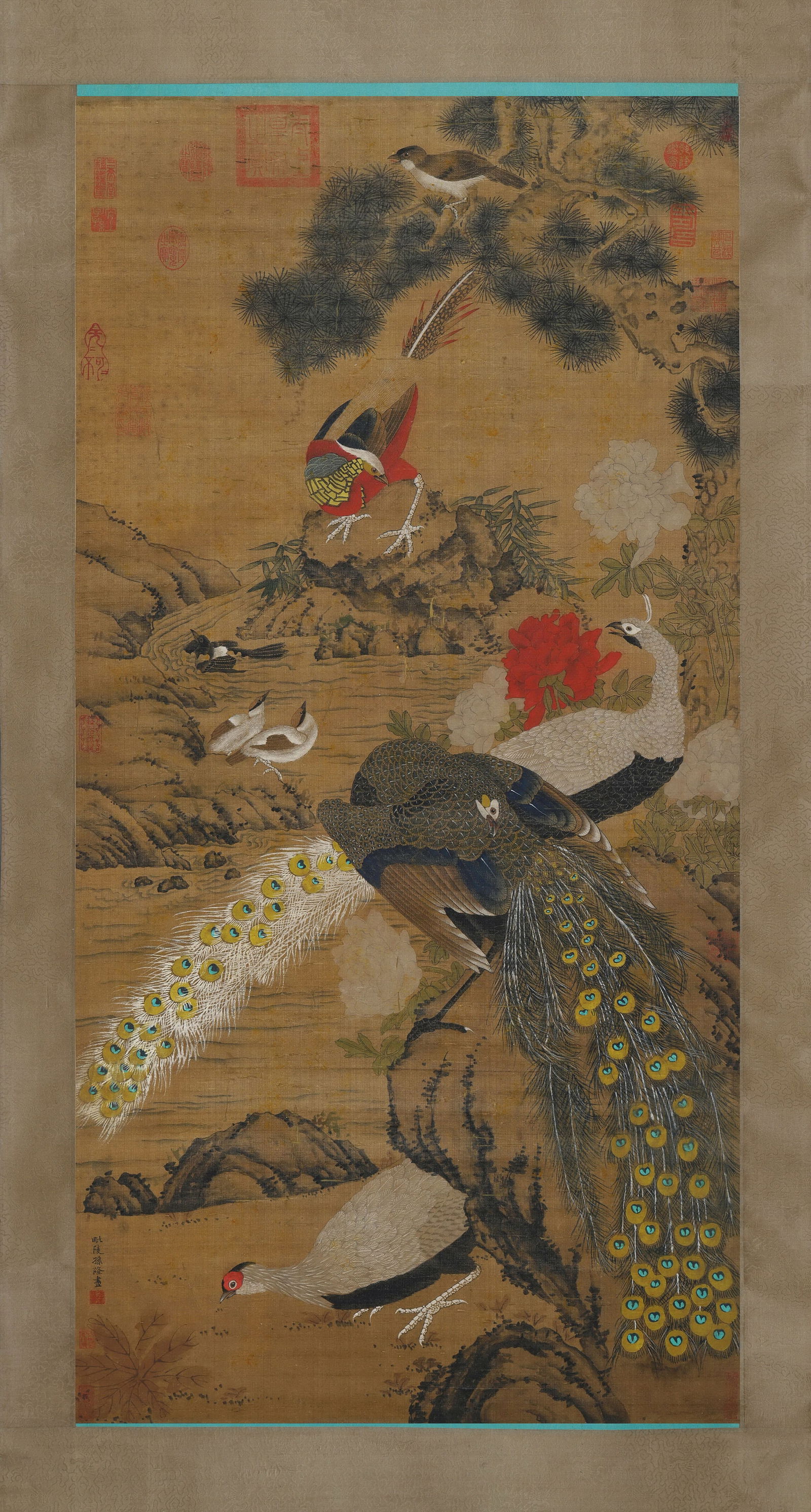 Sun Long Mark, Chinese Five Roosters Painting. Ink and Color on Silk, Hanging Scroll (1 of 8)