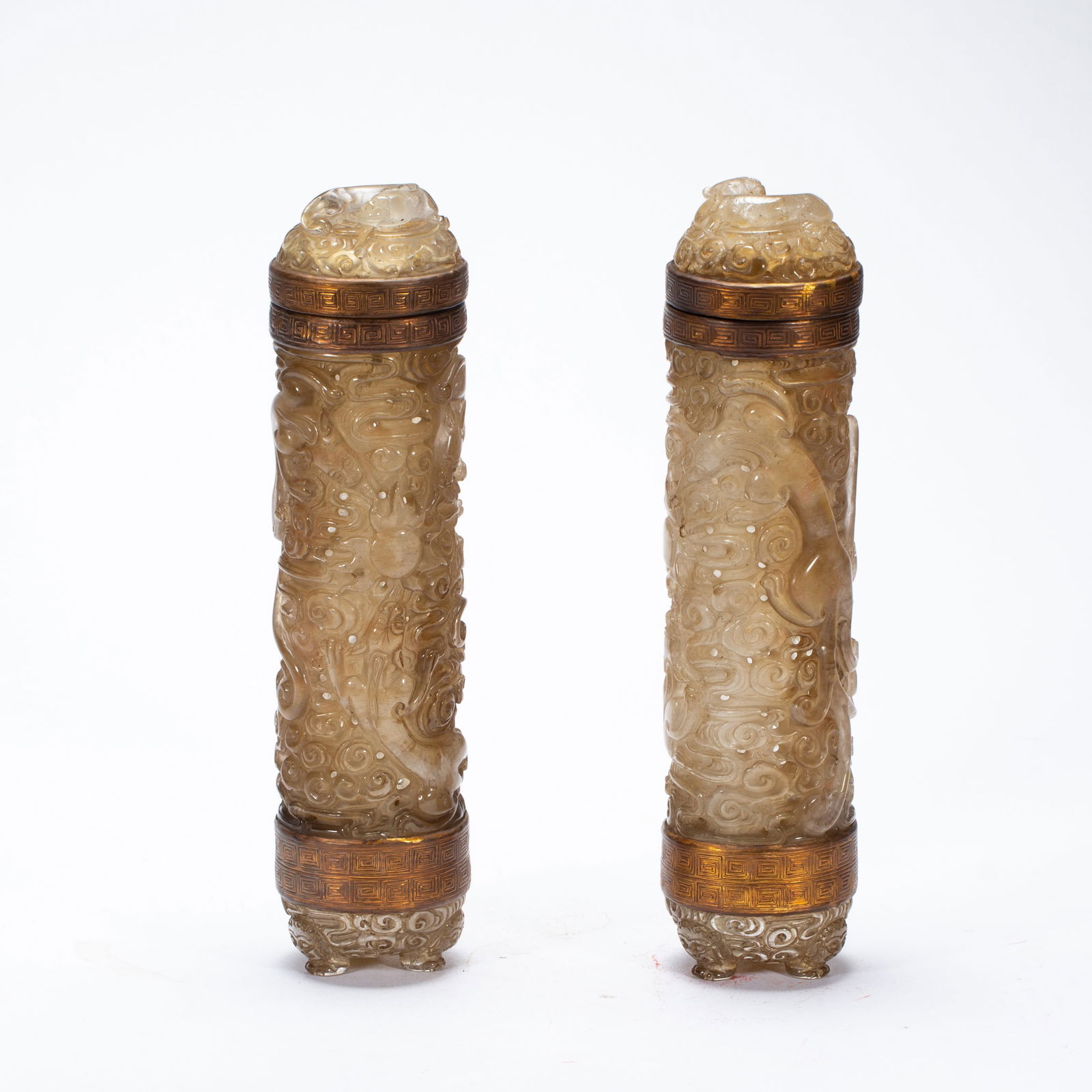 Pair of White Crystal Inlaid Gilt Bronze Carved Cloud and Chi Dragon Pattern Incense Burner: Pair of White Crystal Inlaid Gilt Bronze Carved Cloud and Chi Dragon Pattern Incense Burner (5.6 x 5.6 x 24cm,Weight 1400g)