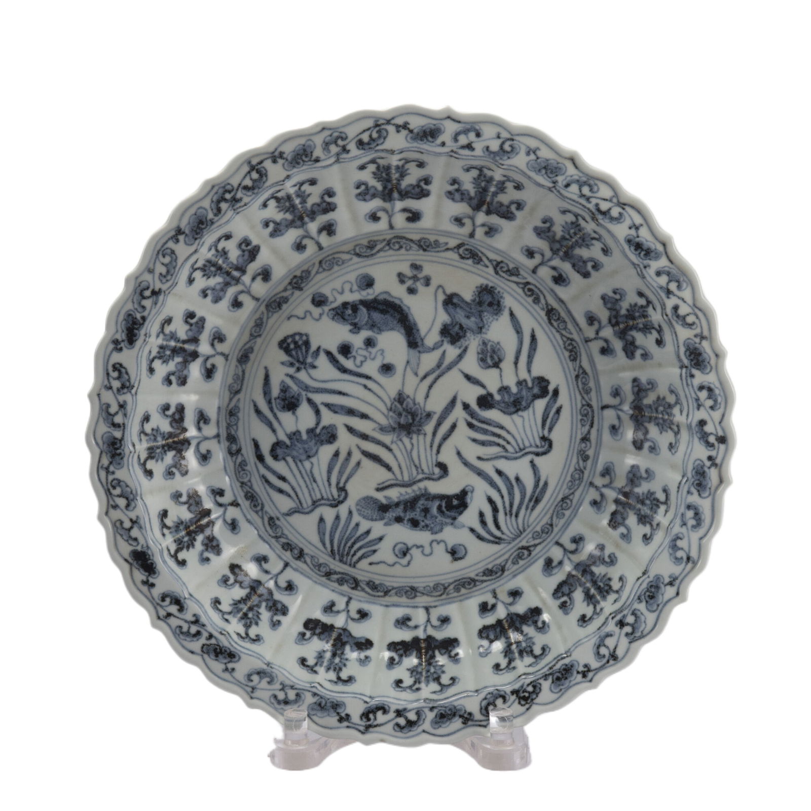 Blue and White Fish and Lotus Flower Pattern Porcelain Plate (1 of 10)
