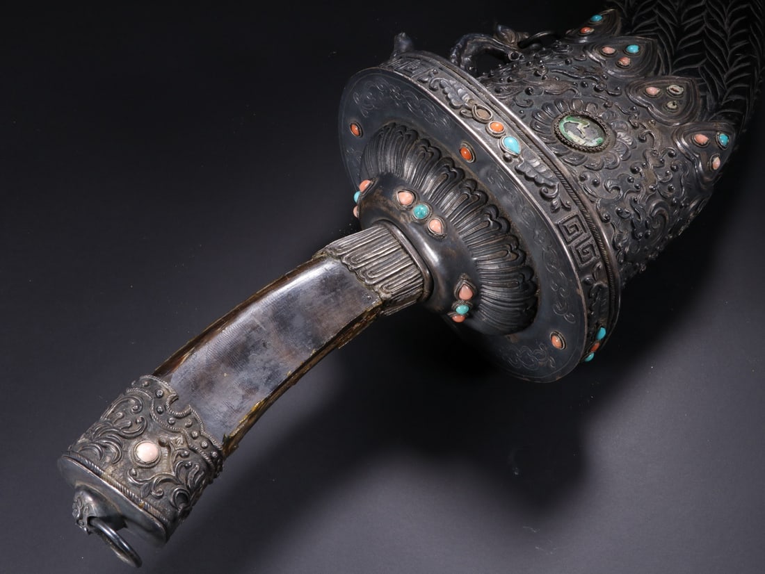 Silver Inlaid Gem Stone Carved Flower Pattern Dagger - 2