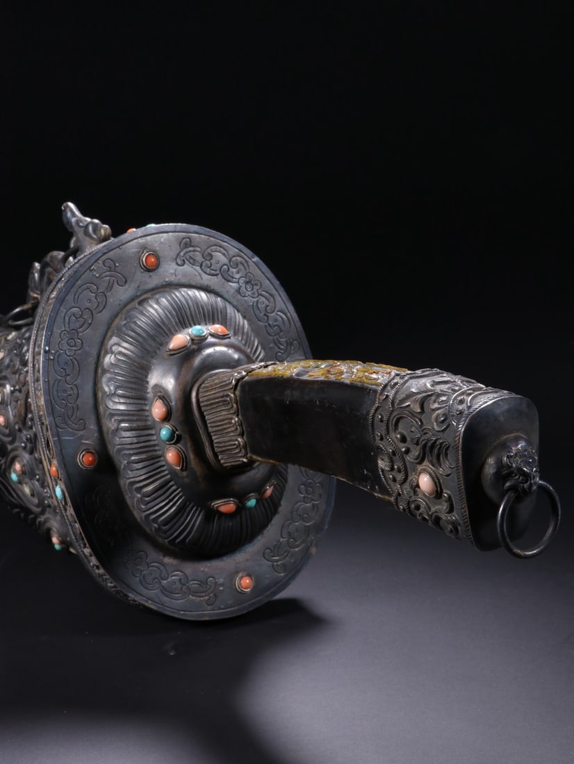 Silver Inlaid Gem Stone Carved Flower Pattern Dagger - 4