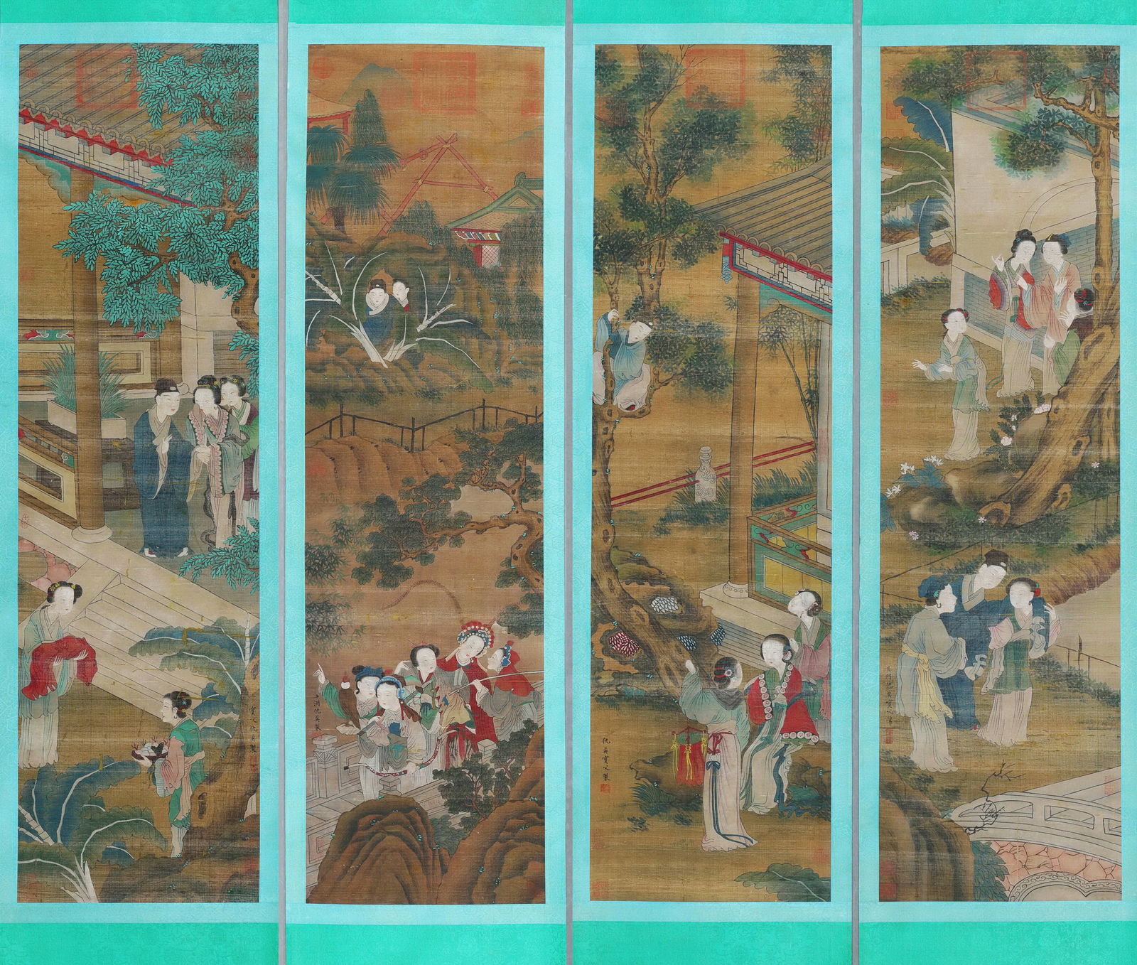 Qiu Ying Mark, Four Chinese Figure Story Paintings. Ink and Color on Silk, Hanging Scroll: Qiu Ying Mark, Four Chinese Figure Story Paintings. Ink and Color on Silk, Hanging Scroll (115 x 34cm)