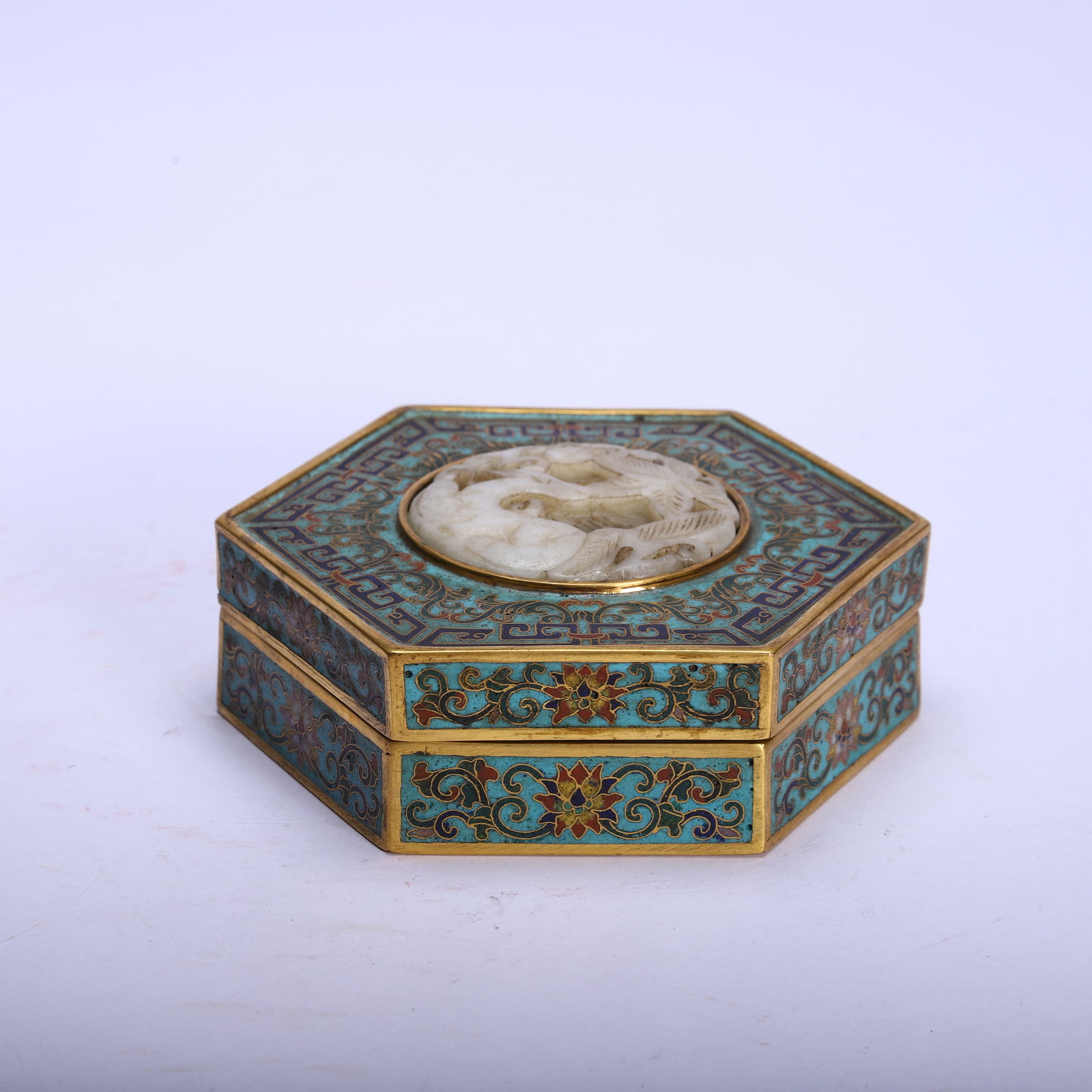 Bronze Cloisonne Inlaid Jade Carved Flower Pattern Lid Box (1 of 9)