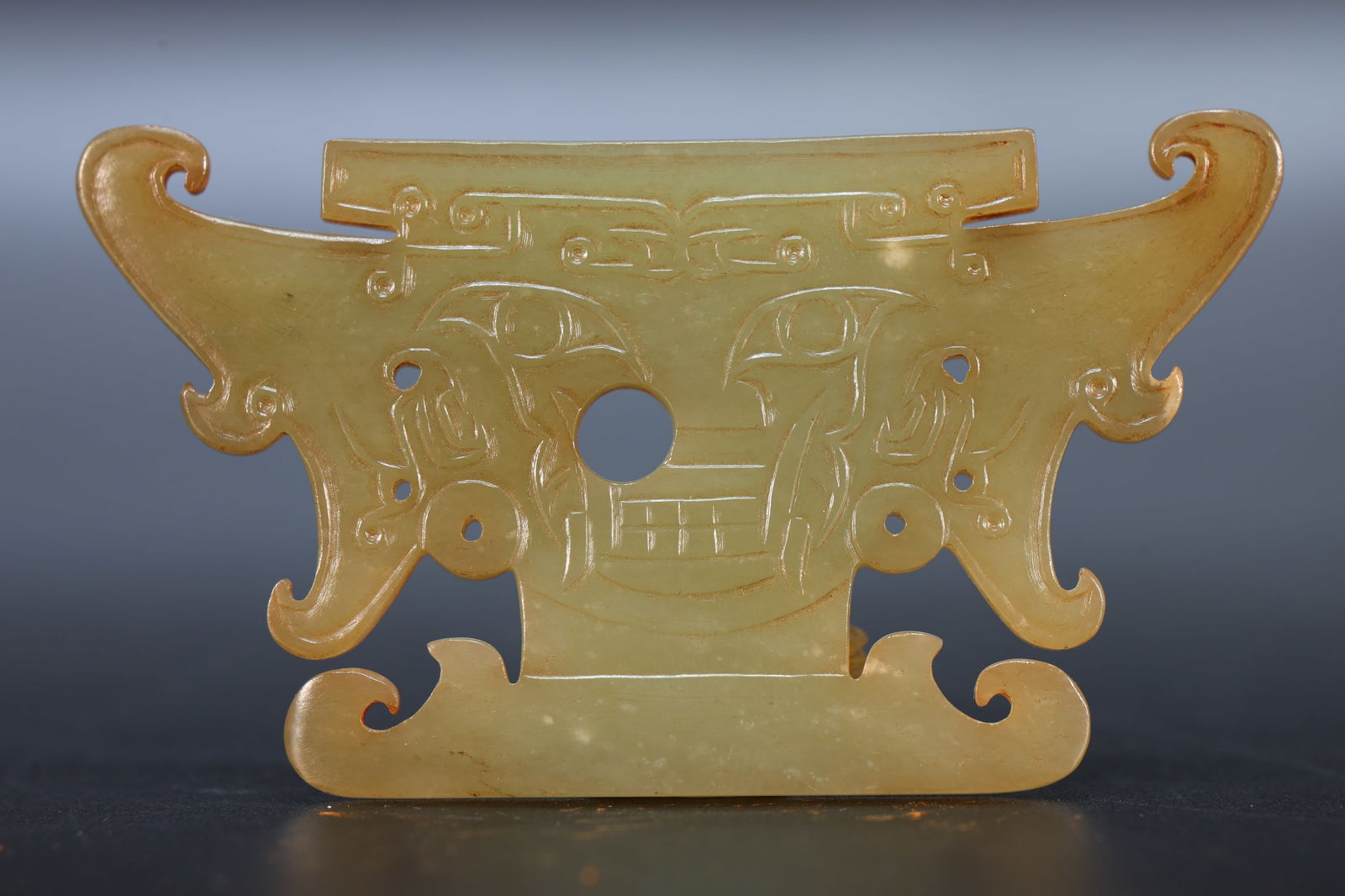 Jade Carved Beast Face Pattern Bi: Jade Carved Beast Face Pattern Bi (7.5 x 4.2 x 0.5cm)