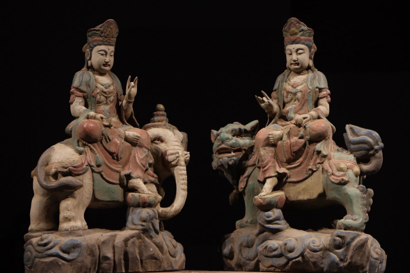 Group of Two Wood Colour Painted Manjushri and Samantabhadra Figure: Group of Two Wood Colour Painted Manjushri and Samantabhadra Figure (60cm)
