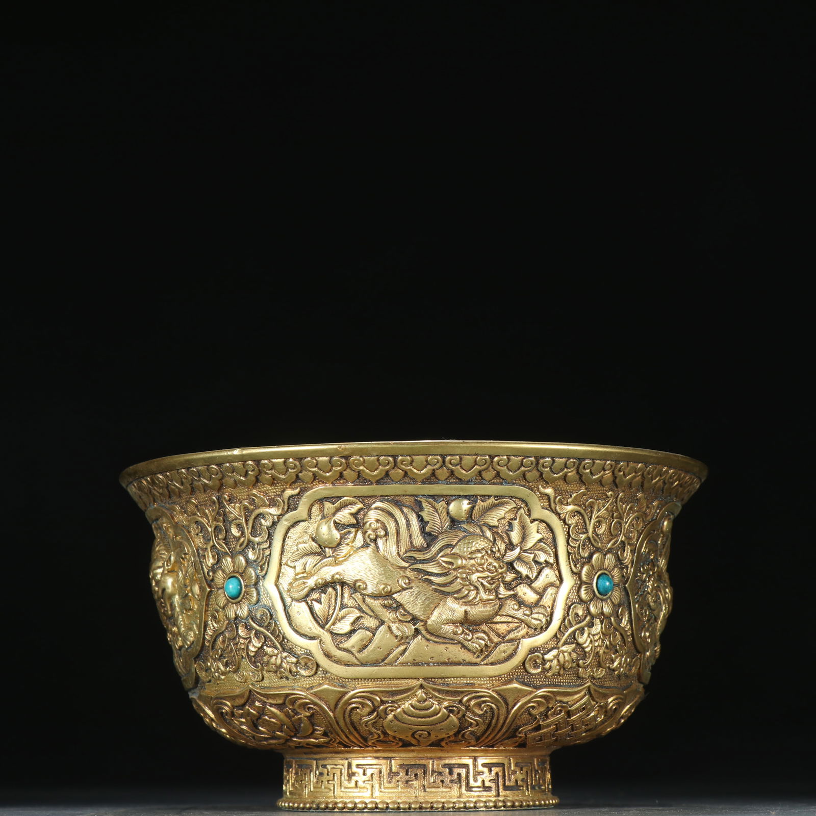 Gilt Bronze Carved Flower and Beast Pattern Bowl: Gilt Bronze Carved Flower and Beast Pattern Bowl (6.9 x 12.3cm)