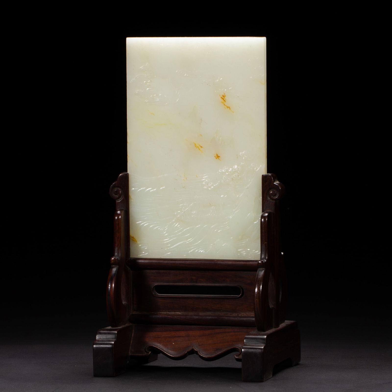 Jade Inlaid Red Sandalwood Carved Boat and Character Story Pattern Table Plaque: Jade Inlaid Red Sandalwood Carved Boat and Character Story Pattern Table Plaque (14 x 12.8 x 26.9cm)