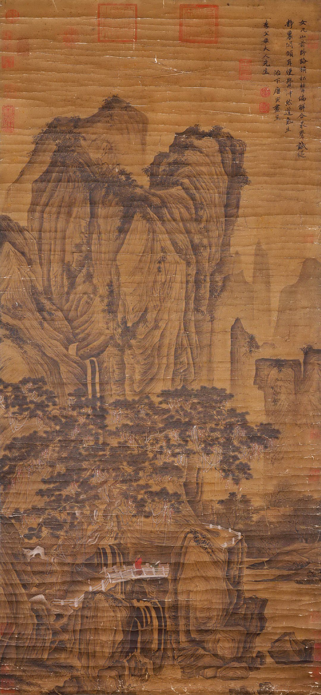 Tang Yin Mark, Chinese Landscape and Figure Painting. Ink and Color on Silk, Hanging Scroll: Tang Yin Mark, Chinese Landscape and Figure Painting. Ink and Color on Silk, Hanging Scroll (140 x 65cm)