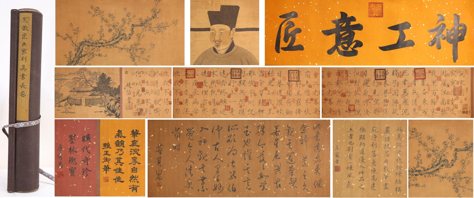 Chinese Writing Calligraphy and Plum Flower Hand Scroll,Song Huizong Mark: Chinese Writing Calligraphy and Plum Flower Hand Scroll,Song Huizong Mark (730 x 42cm)