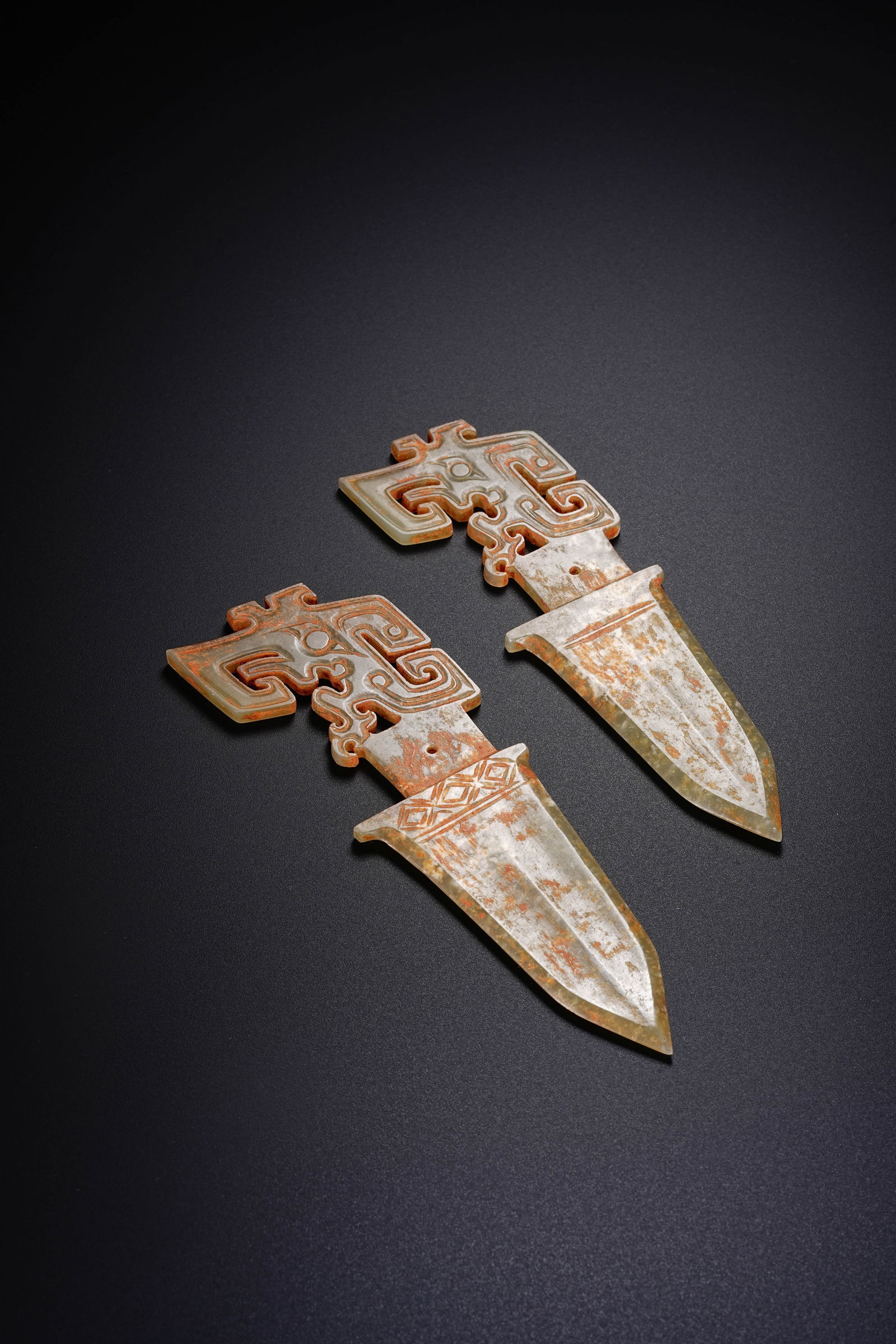 Pair of Jade Carved Beast Face Pattern Dagger - 2