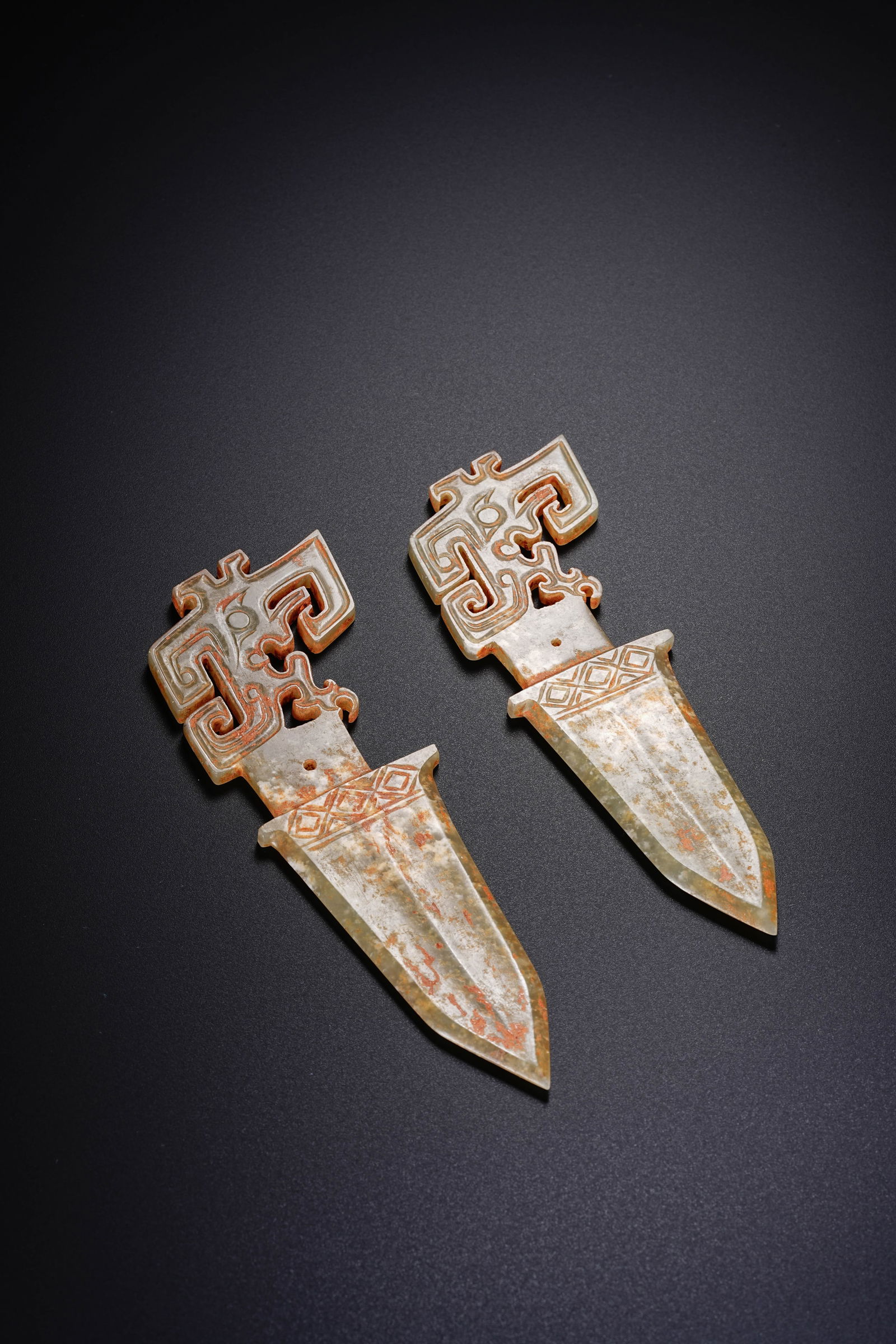 Pair of Jade Carved Beast Face Pattern Dagger - 6