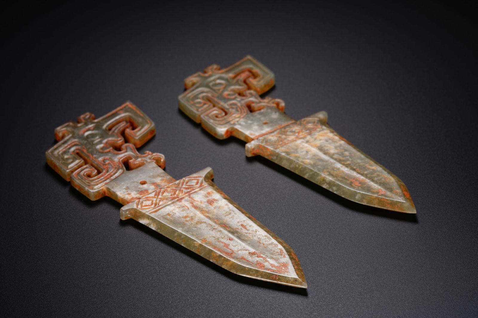 Pair of Jade Carved Beast Face Pattern Dagger - 7