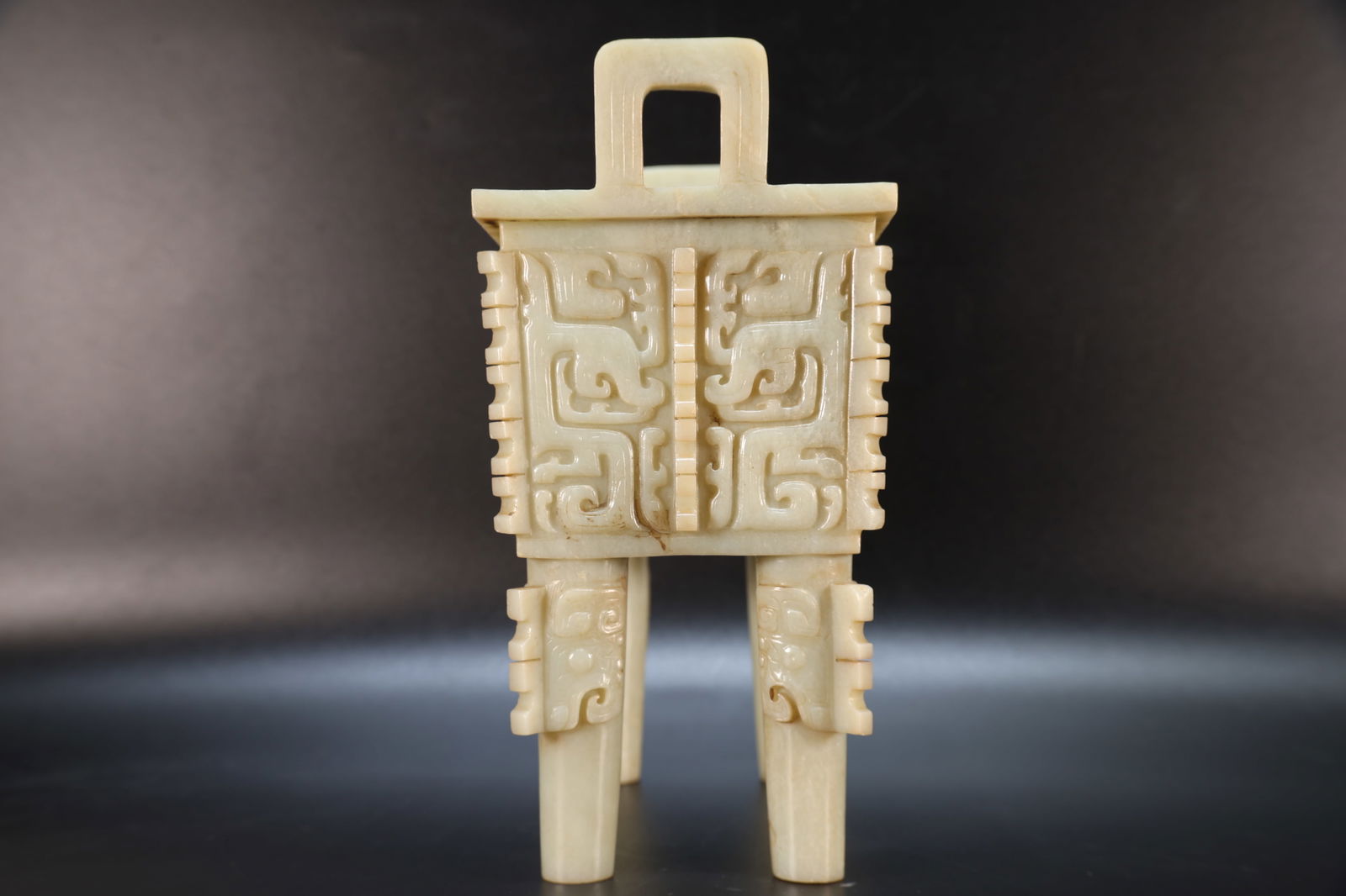 Jade Carved Beast Face and Bird Pattern Double Ears Ding - 5