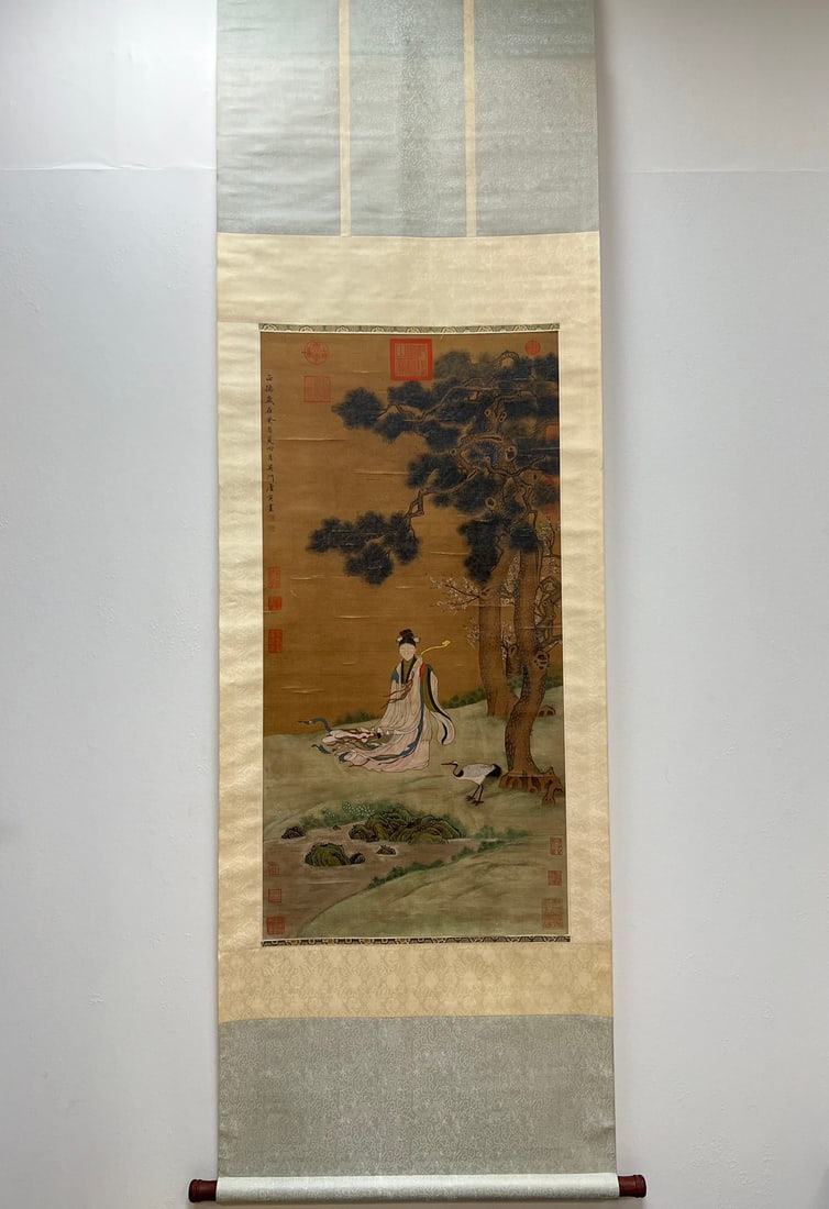 Chinese Drawing Character and Pine Tree Painting,Tang Yin Mark: Chinese Drawing Character and Pine Tree Painting,Tang Yin Mark (55 x 111cm)