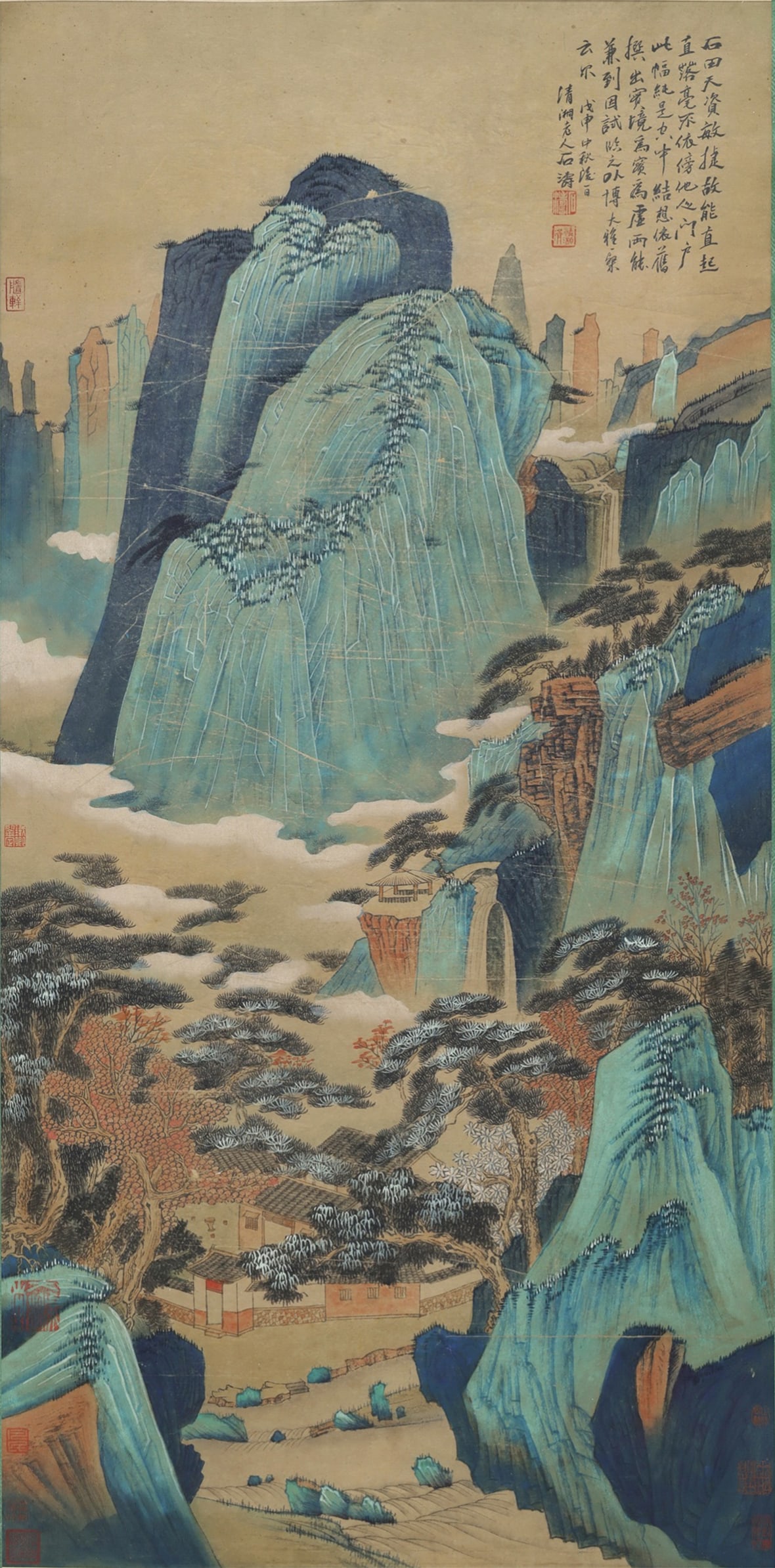 Shi Tao Mark, Chinese Landscape Painting. Ink and Color on Silk, Hanging Scroll: Shi Tao Mark, Chinese Landscape Painting. Ink and Color on Silk, Hanging Scroll (135 x 67cm)