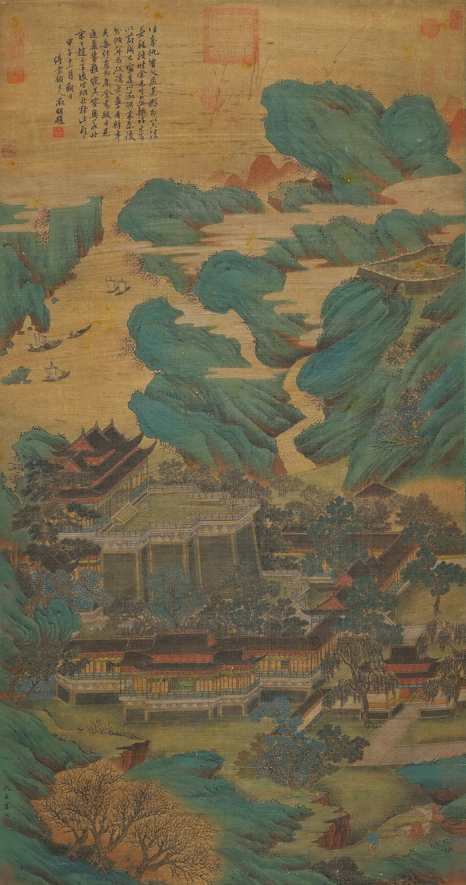 Qiu Ying Mark, Chinese Landscape Painting. Ink and Color on Silk, Hanging Scroll (1 of 8)