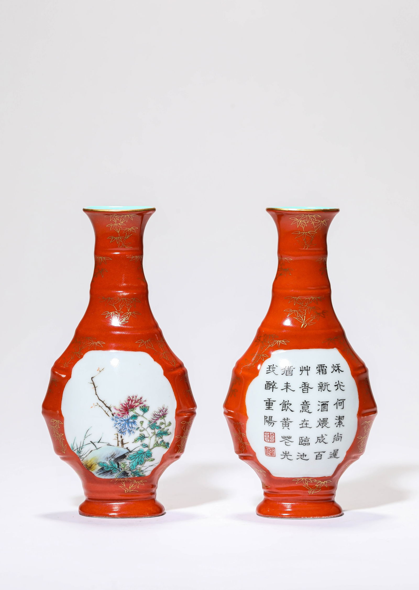A Pair of Coral-Red-Ground Gilt-Decorated 'Floral and Poetic Reserves' Vases (1 of 4)