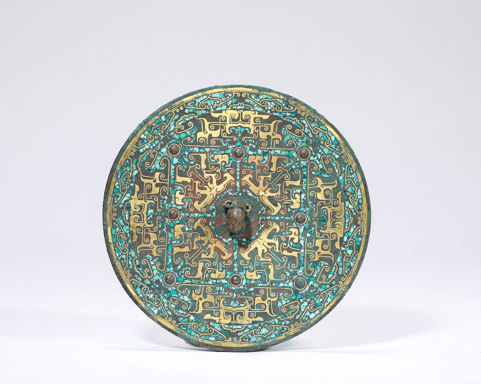 A Gold and Turquoise-Inlaid Bronze Mirror: A Gold and Turquoise-Inlaid Bronze Mirror (13.9 cm, Weight 555 grams)