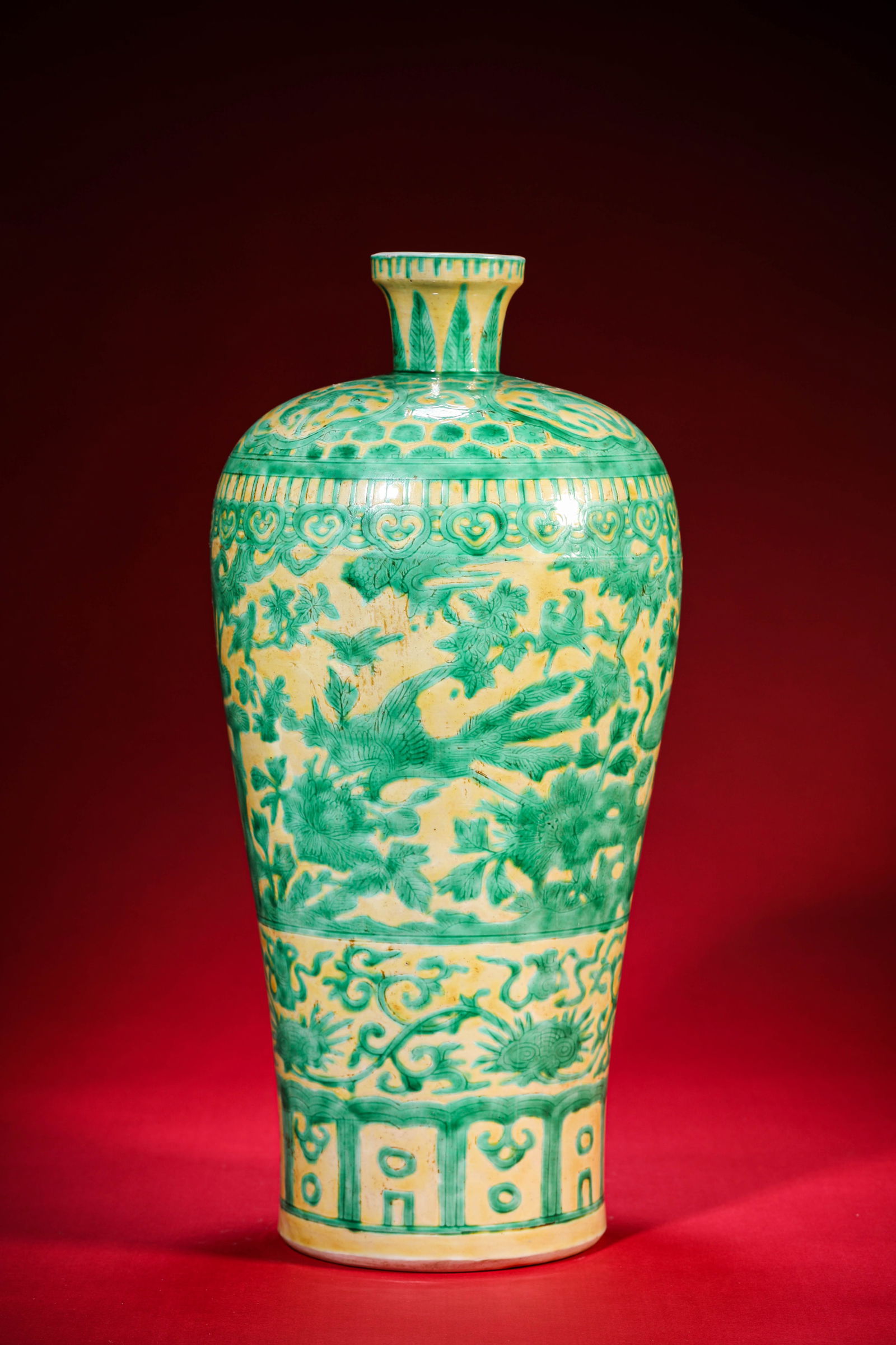 A Yellow-Ground Green-Glazed 'Flowers and Birds' Meiping: A Yellow-Ground Green-Glazed 'Flowers and Birds' Meiping (19 x 40.8 cm)