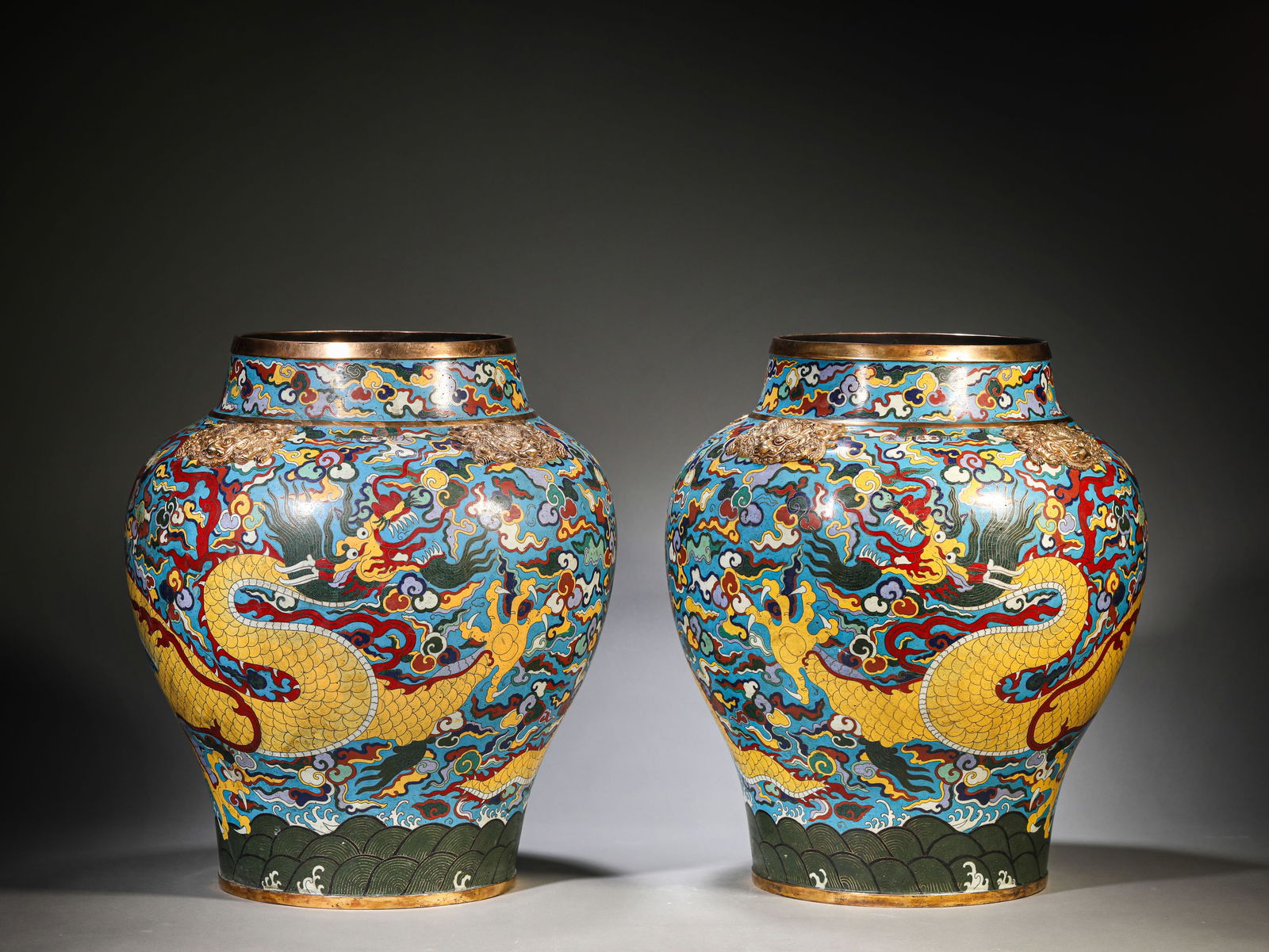 A Pair of Cloisonné Enamel ‘Dragon and Clouds’ Jars: A Pair of Cloisonné Enamel ‘Dragon and Clouds’ Jars (34.5 x 39.3 cm, Weight: 12.2 Kg)