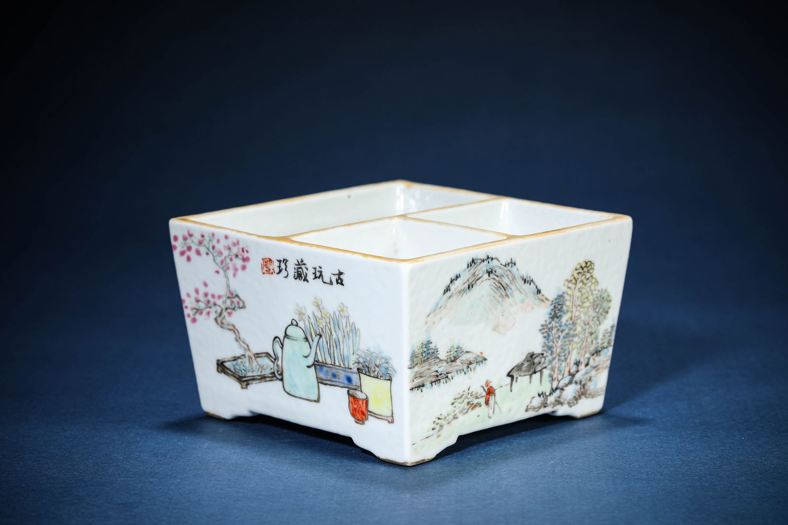 A Qianjiangcai 'Flowers, Birds, Landscape and Figures' Brush Washer: A Qianjiangcai 'Flowers, Birds, Landscape and Figures' Brush Washer (12 x 11.7 x 7.3 cm)