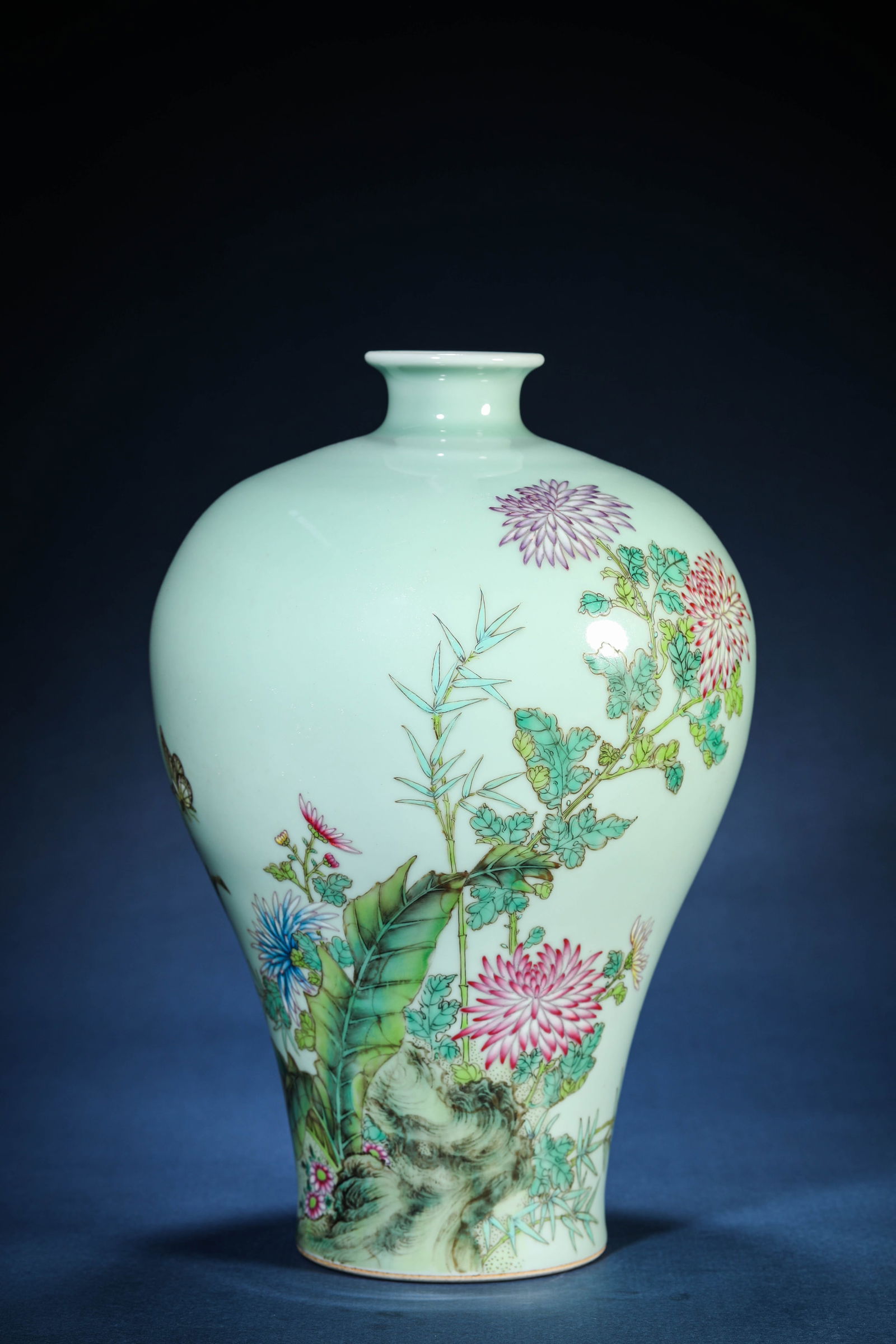 A Bean-Green-Glazed 'Butterflies Among Flowers and Poem' Meiping: A Bean-Green-Glazed 'Butterflies Among Flowers and Poem' Meiping (20.7 x 31.2 cm)