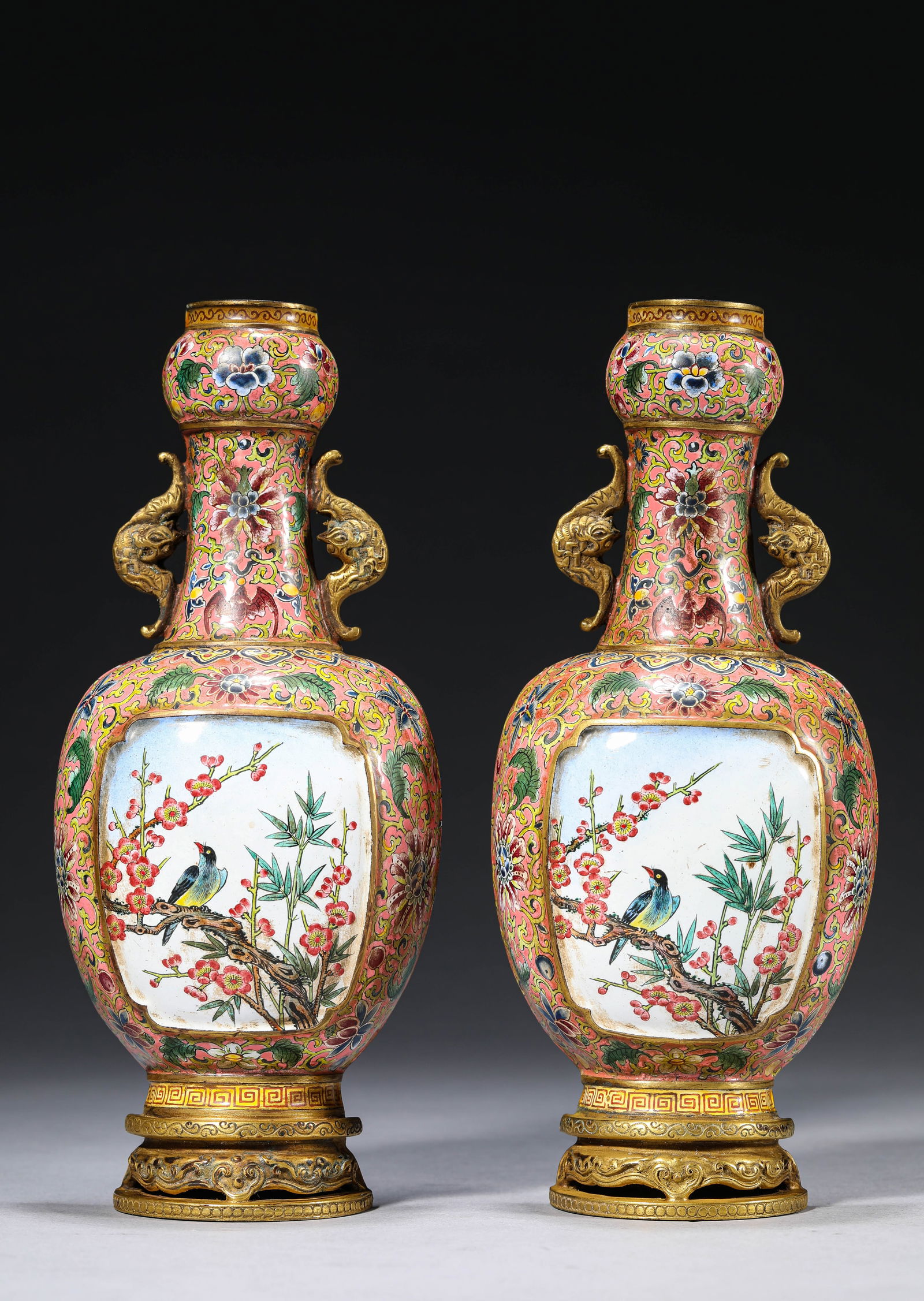 A Pair of Painted Enamel 'Magpies on a Plum Branch Reserves' Wall Vases: A Pair of Painted Enamel 'Magpies on a Plum Branch Reserves' Wall Vases (9 x 4.5 x 21.1 cm, Weight:987 cm)