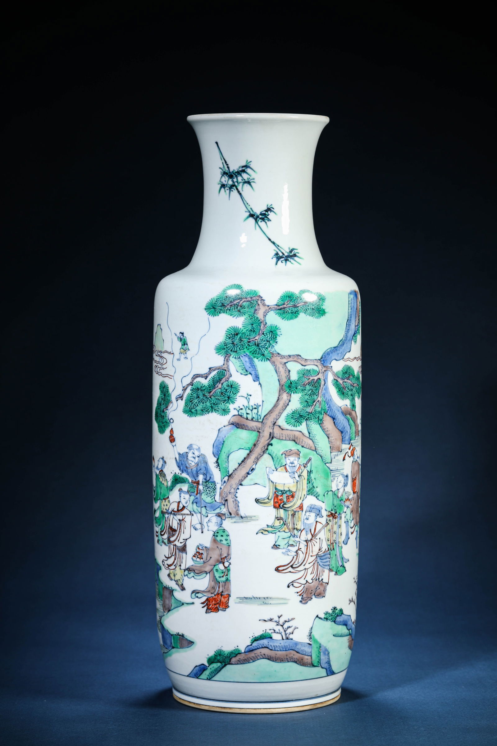 A Wucai 'Eight Immortals Paying Homage' Vase: A Wucai 'Eight Immortals Paying Homage' Vase (16.1 x 5.8 cm)