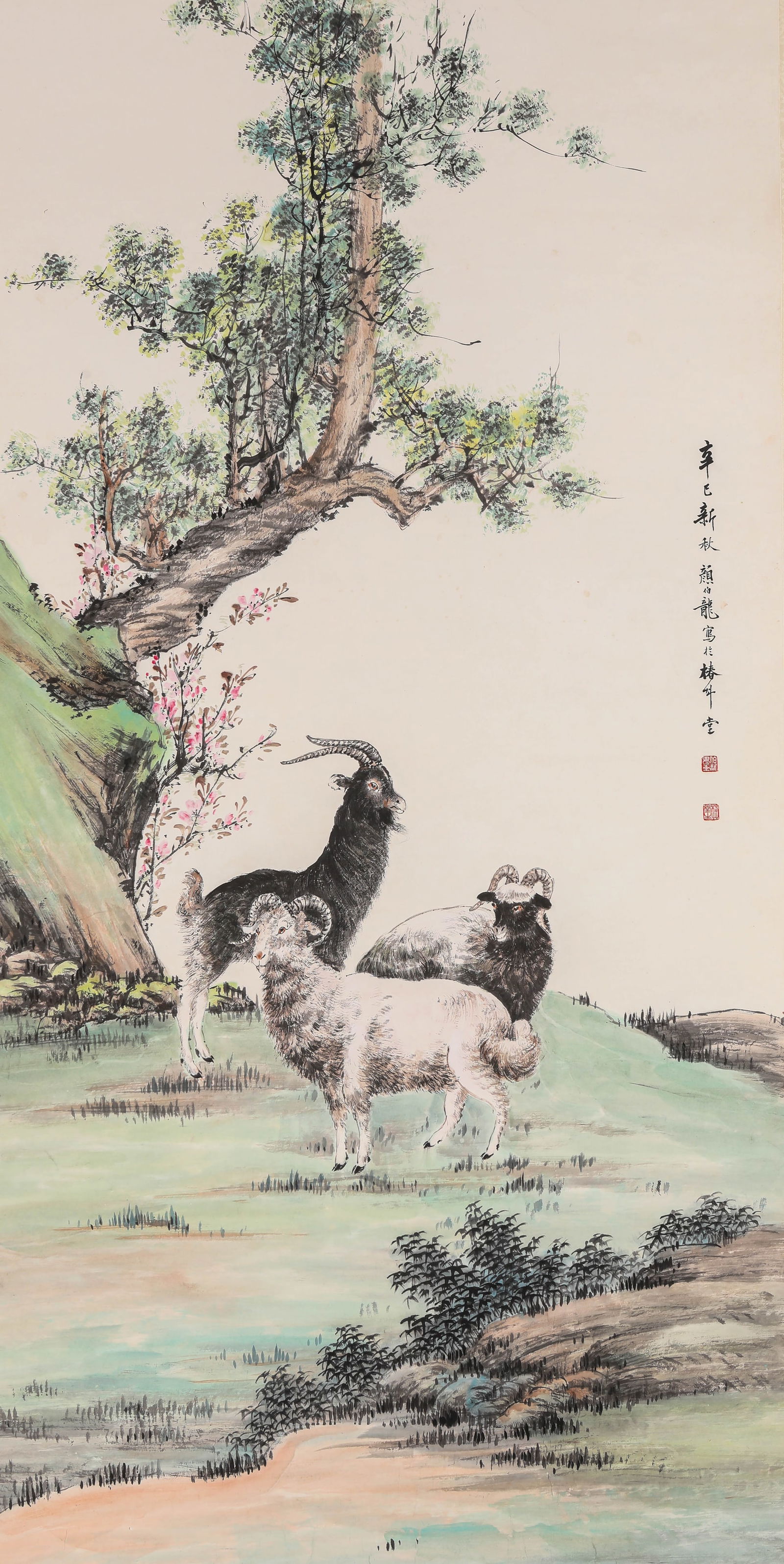 Yan Bolong (1898-1954), attributed to, Three Rams Usher in Peace: Yan Bolong (1898-1954), attributed to, Three Rams Usher in Peace (69 x 137 cm)