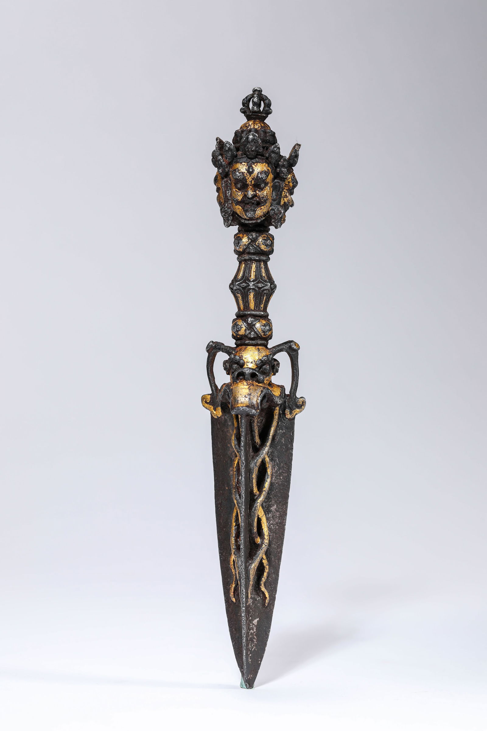 An Iron and Gold Champlevé 'Three-Faced Wrathful Deity' Phurba (1 of 8)