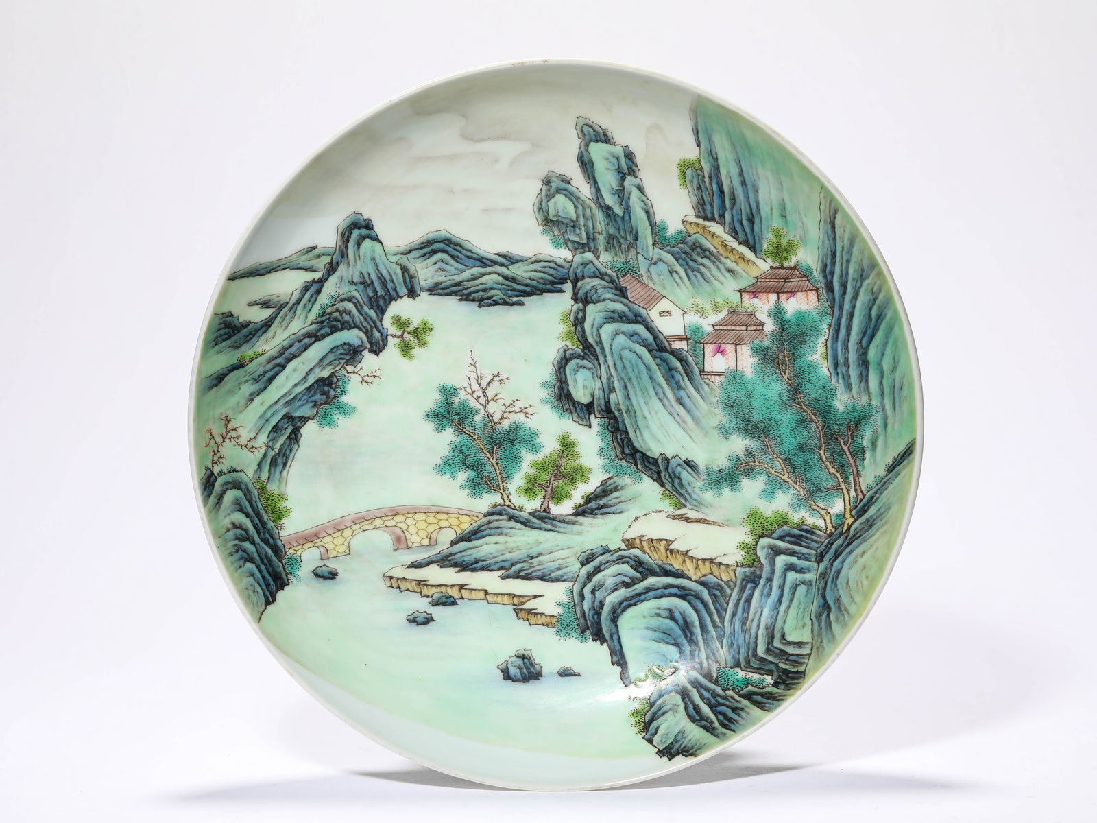 A Famille-Rose 'Landscape' Dish: A Famille-Rose 'Landscape' Dish (23.8 x 4.3 cm)