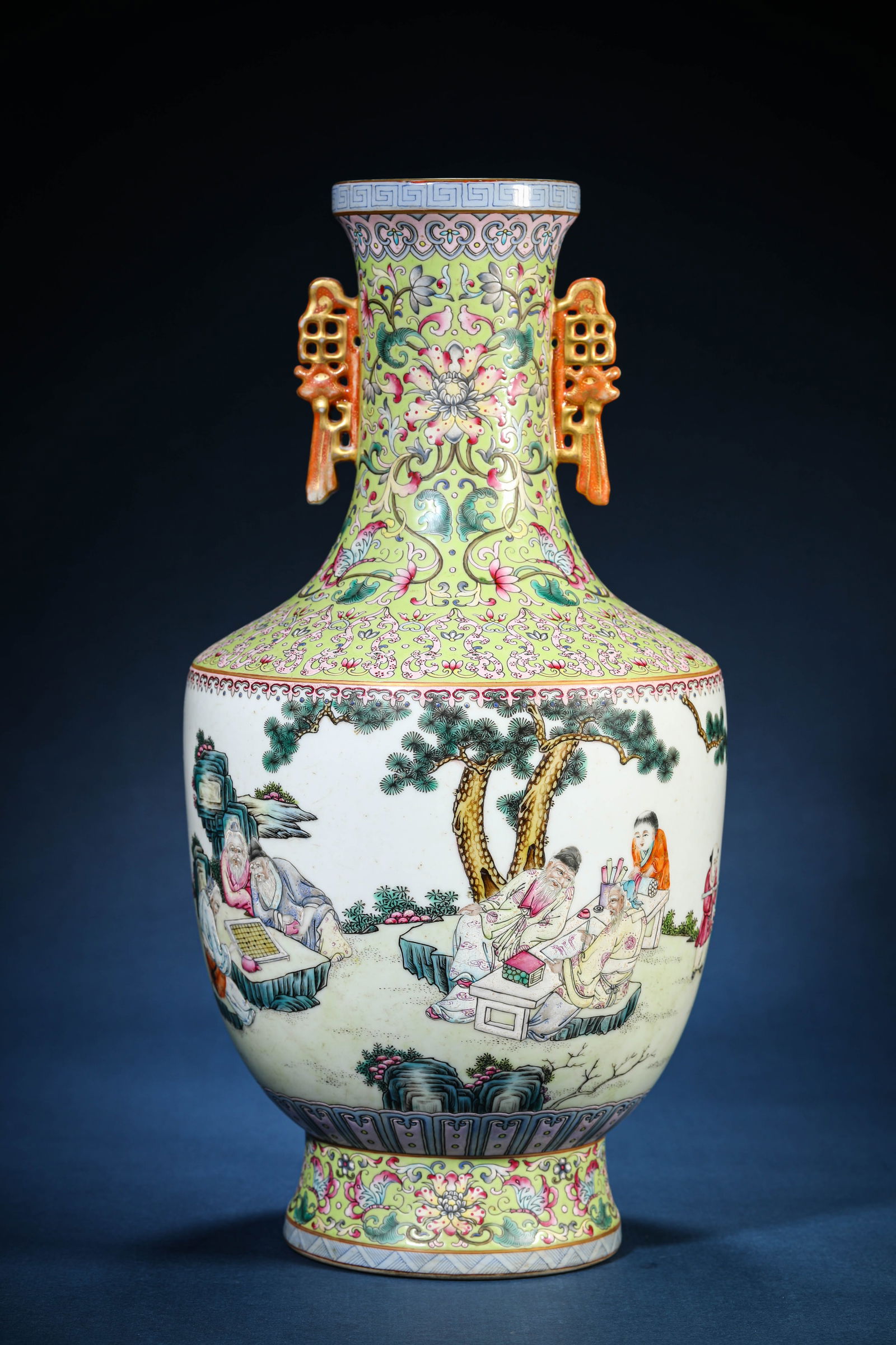 A Famille-Rose 'Bat, Shou and Figures' 'Folded-Shoulder, Bat-Head Handles' Vase (1 of 5)