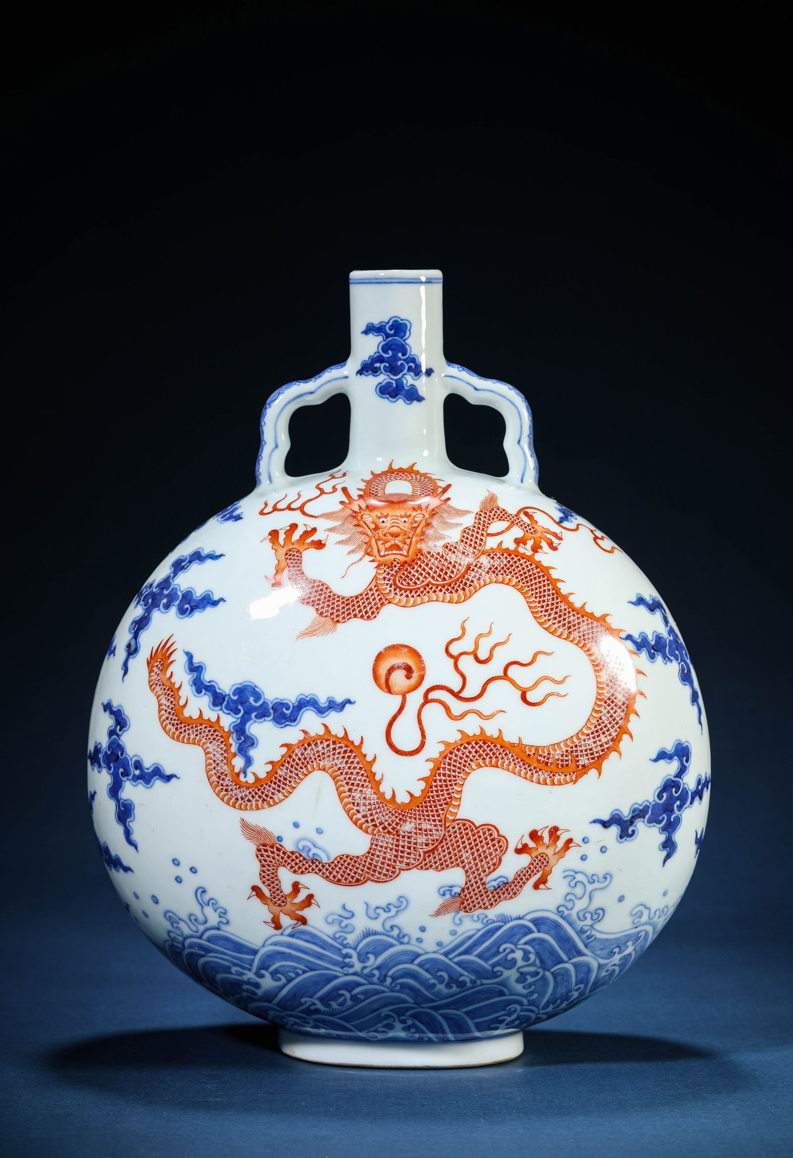 A Blue and White and Iron-Red 'Dragon' 'Moonflask': A Blue and White and Iron-Red 'Dragon' 'Moonflask' (24.7 x 13.9 x 31.8 cm)