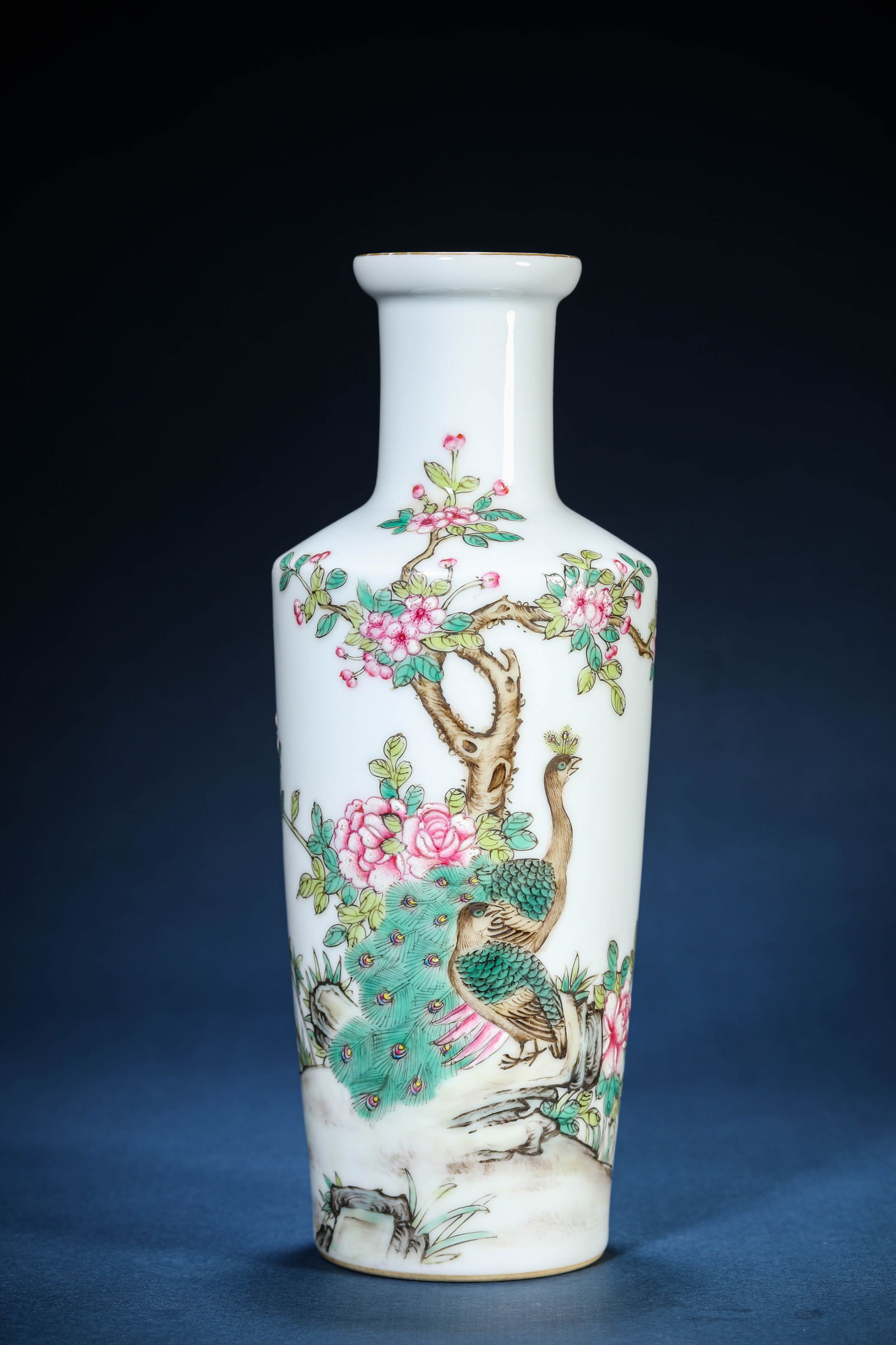 A Famille-Rose 'Peacock and Flowers' 'Bangchui' Vase: A Famille-Rose 'Peacock and Flowers' 'Bangchui' Vase (9.7 x 25.3 cm)