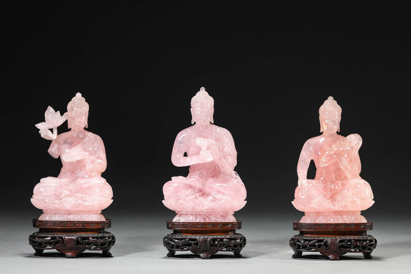A Group of Rose Quartz 'Trikaya Buddhas': A Group of Rose Quartz 'Trikaya Buddhas' (7 x 4.7 x 11.5 cm)