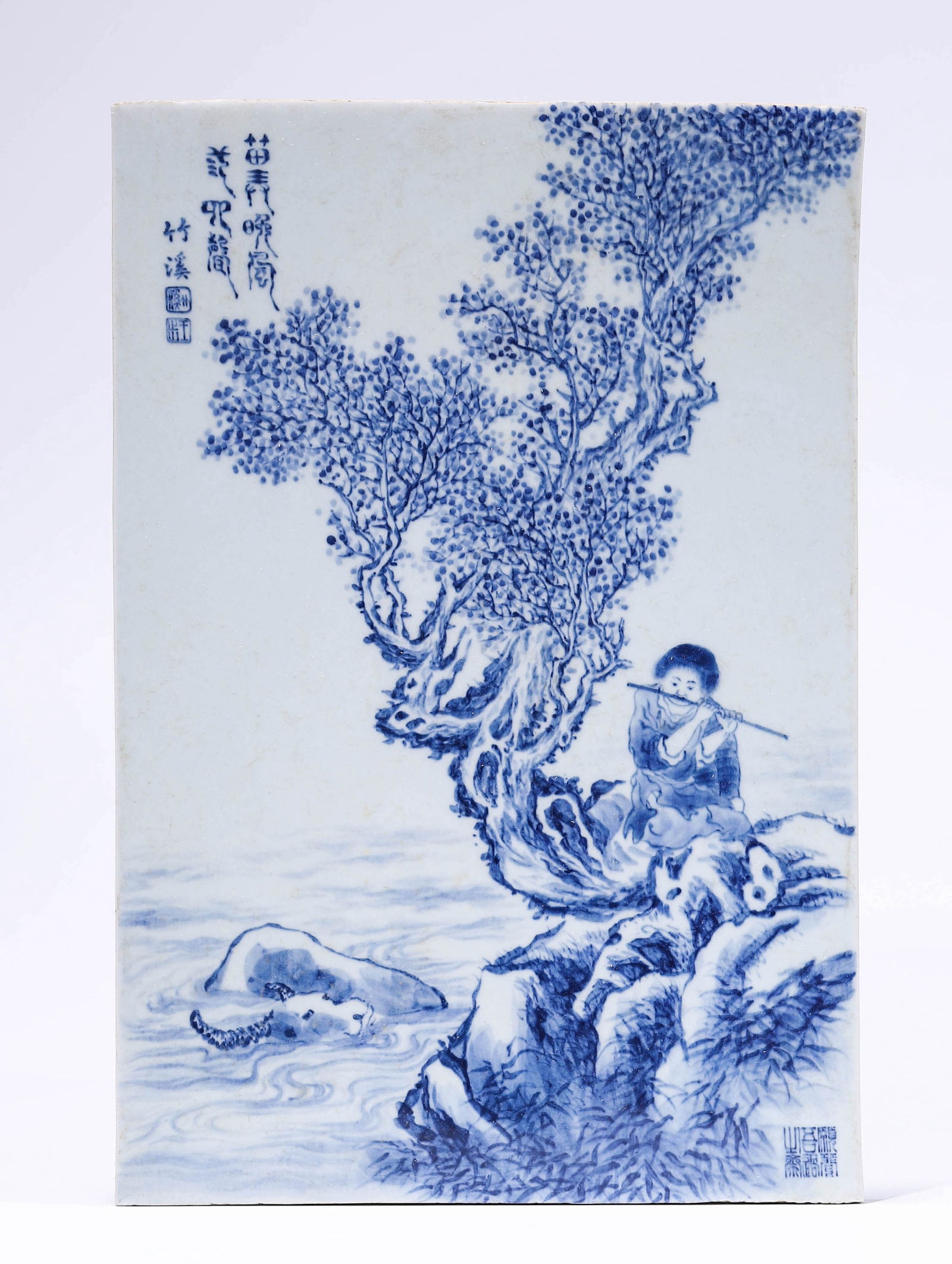 A Blue and White 'Cowherd and Poem' Plaque: A Blue and White 'Cowherd and Poem' Plaque (36.5 x 24.6 x 0.8 cm)
