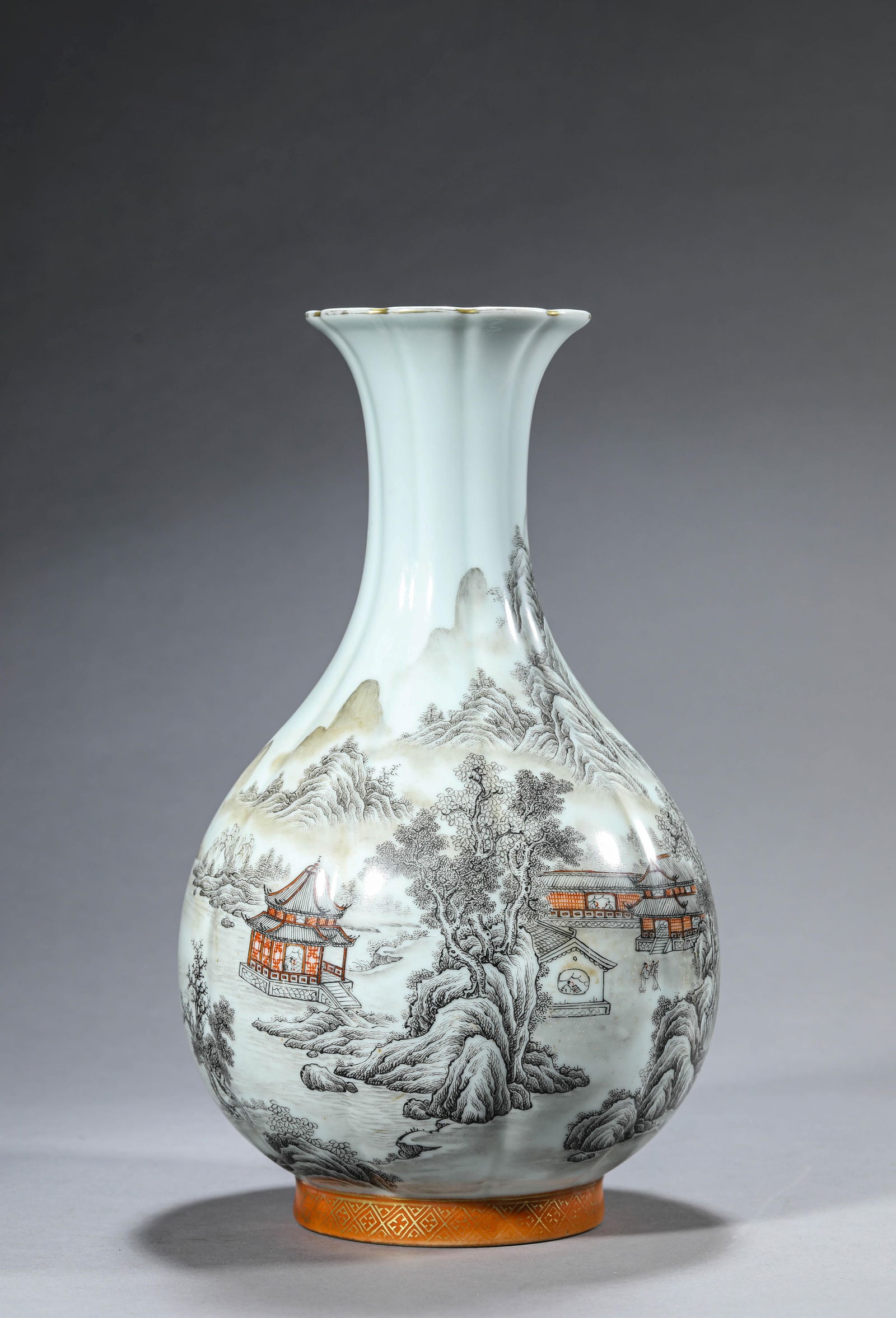 A Black-Decorated 'Landscape and Figures' Vase: A Black-Decorated 'Landscape and Figures' Vase (18.2 x 31.7 cm)