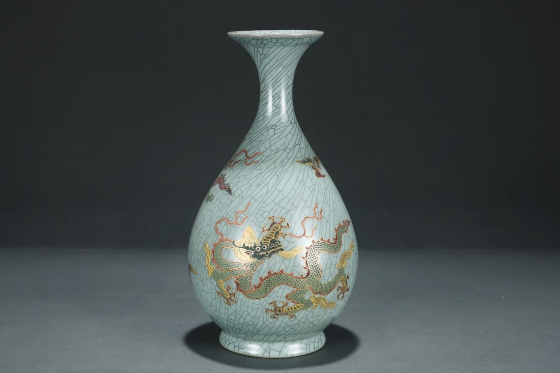 Ru Ware Gold Drawing Dragon Pattern Porcelain Vase - 5