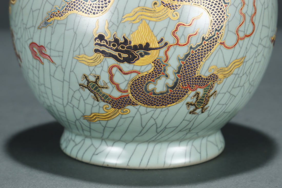 Ru Ware Gold Drawing Dragon Pattern Porcelain Vase - 9